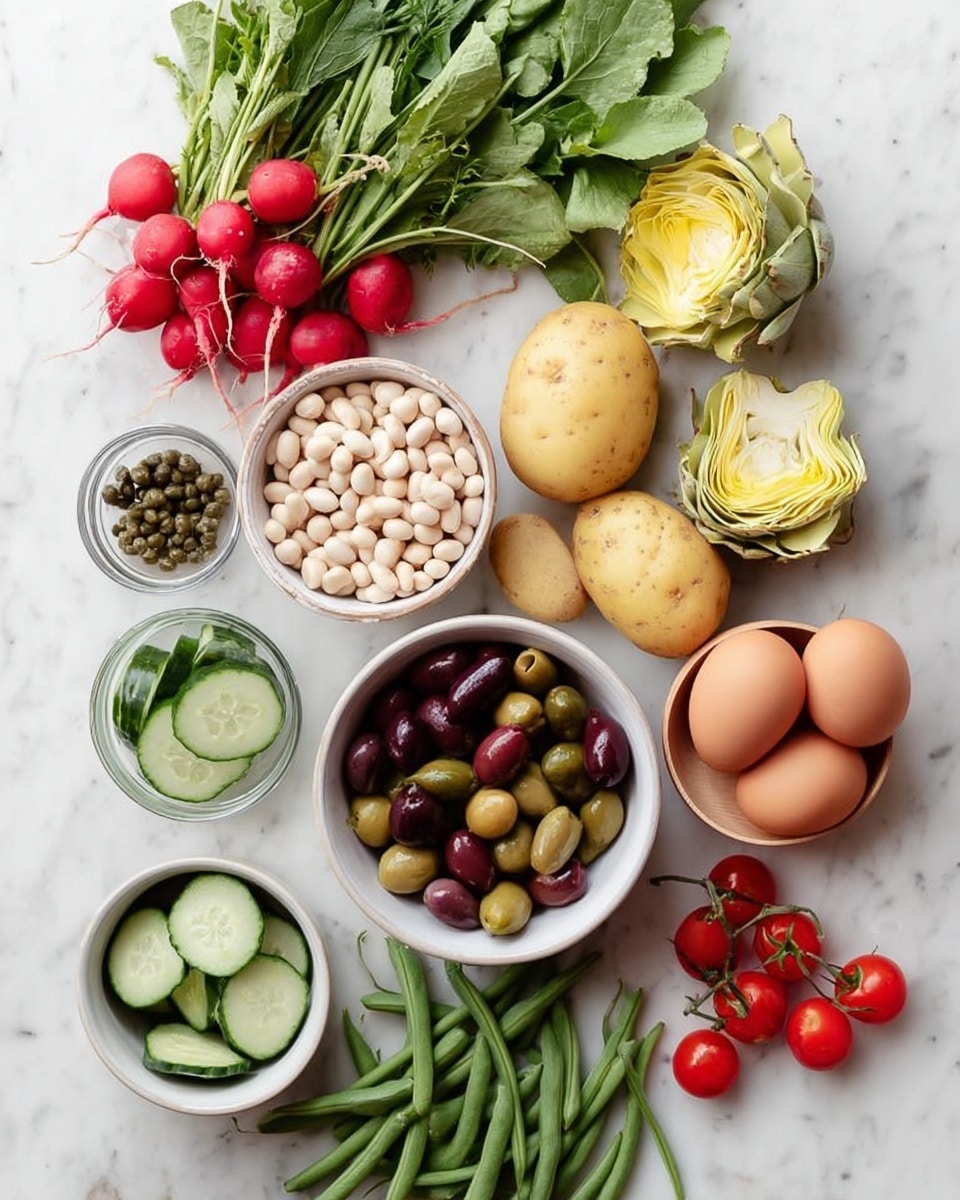 Several fresh ingredients are arranged on a white marbled surface: a bunch of bright green radish leaves with red radishes attached at the top left; a white bowl filled with pale ivory beans below them; a small clear glass bowl of dark green capers to the left; a large white bowl with a mix of dark purple and light green olives in the center; a white bowl with light green cucumber slices below the olives; three light brown eggs inside a small wooden bowl near the bottom right; four light yellow potatoes arranged together above the eggs; a white bowl filled with pale yellow artichoke hearts at the top right; a cluster of long green beans spread diagonally across the bottom left; and small bright red cherry tomatoes with a woman's hand holding one at the bottom right. photo taken with an iphone --ar 4:5 --v 7