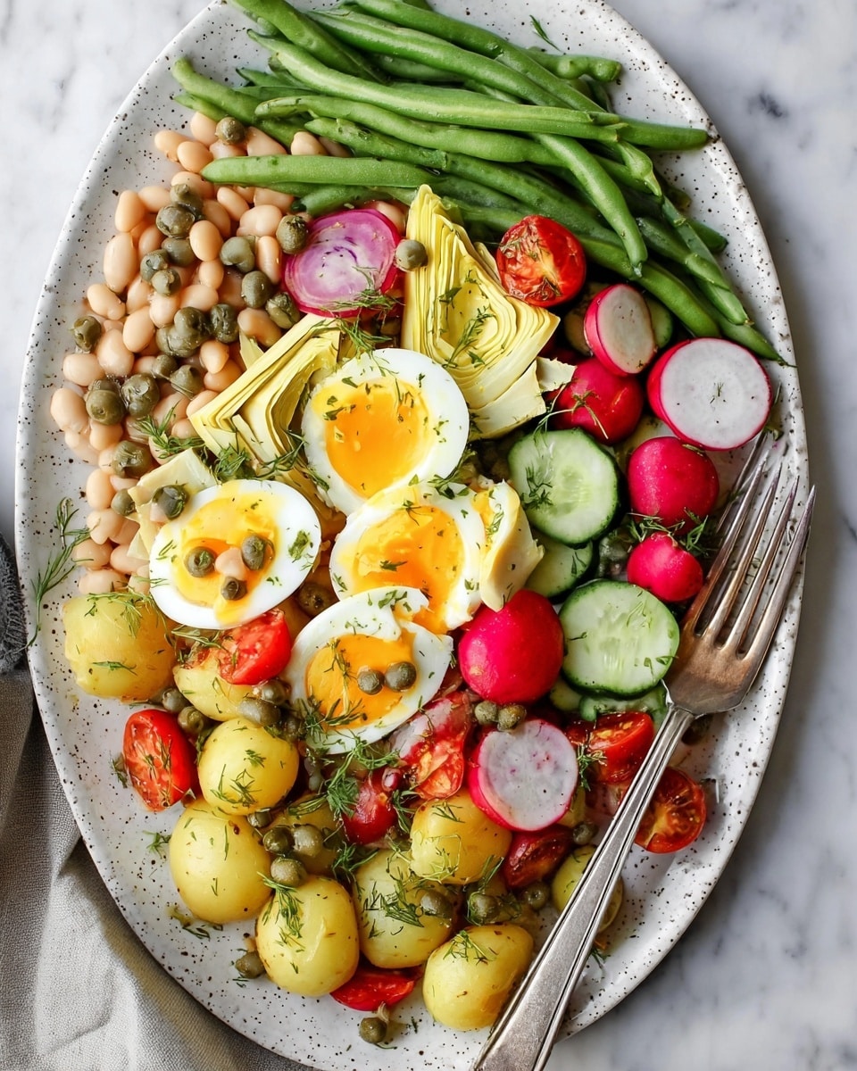 The dish is served on a long white plate with a speckled pattern, placed on a white marbled surface. From left to right, there are layers of beige white beans forming a base, topped with scattered green capers. Fresh green beans form a neat bundle along the top edge, with bright red radishes, some whole and some sliced to reveal white insides, placed in the center. Yellow artichoke hearts are layered next to the radishes, along with thick slices of light green cucumber with dark green edges. Halved soft-boiled eggs with bright yellow yolks and white edges are arranged in the middle. Near the bottom, small yellow potatoes with green herb flakes are mixed with halved red cherry tomatoes and green olives. A large silver fork is placed diagonally on the right side of the plate. The whole dish is sprinkled lightly with green herbs, adding a fresh touch. photo taken with an iphone --ar 4:5 --v 7