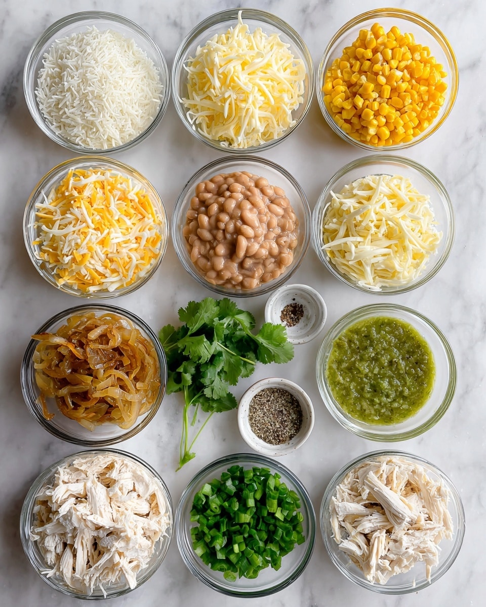 The image shows twelve small clear glass bowls arranged neatly on a white marbled surface. The top row has three bowls: the left one with white rice grains, the middle one with shredded yellow and white colby jack cheese, and the right one with bright yellow frozen charred corn kernels. Below these are bowls with shredded white mozzarella cheese on the left, chunky light brown refried beans in the center, and green tomatillo salsa on the right. The next row features caramelized onions in a bowl on the left, a small bowl of chopped green chiles in the center, and a tiny bowl of salt and pepper between the onions and chicken. At the bottom, shredded white chicken is in a larger bowl on the left, chopped green scallions in a small bowl beside it, with fresh green cilantro leaves in another small bowl on the far right. Each ingredient is clearly labeled in bold black text centered inside the bowls. photo taken with an iphone --ar 4:5 --v 7