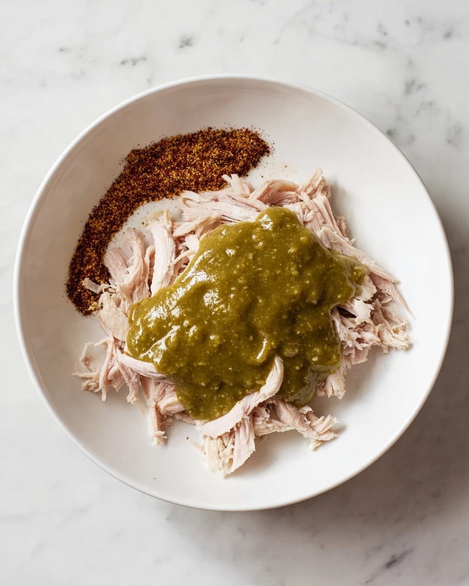 In the white bowl placed on a white marbled surface, there is one main layer of shredded pale pink meat spread unevenly across the bottom. On top of the meat, a thick, glossy green sauce is poured more in the center, covering part of the shredded pieces. To the left edge of the meat, there is a small pile of a dry spice mix with brown and red specks that adds a touch of contrast. The whole setup is simple with a focus on the colors and texture of the meat and the sauce, and the background keeps the attention on the dish. photo taken with an iphone --ar 4:5 --v 7