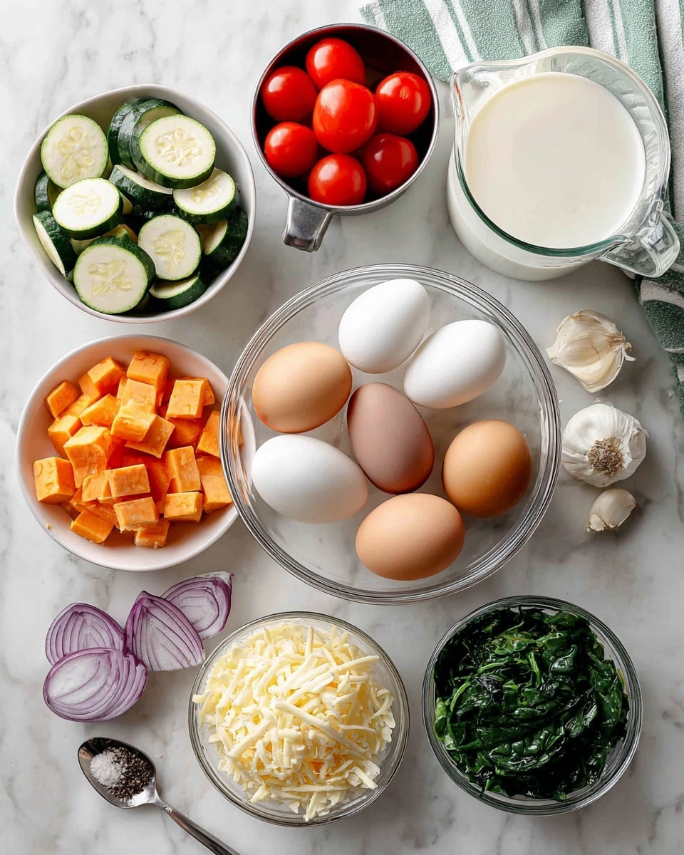 A top view of different ingredients on a white marbled surface arranged neatly. In the center is a clear glass bowl filled with nine whole eggs of mixed brown, white, and light green colors. To the upper left, a white bowl holds sliced green zucchini rounds and cubed orange sweet potatoes, labeled add-ins. Above it, a small metal cup contains bright red cherry tomatoes, some whole and some sliced in half. To the upper right, a clear glass measuring cup holds white milk, with a light green and white striped cloth nearby and two cloves of peeled garlic next to it. On the lower right, a white bowl is filled with shredded pale yellow cheese. Directly below the eggs is a clear bowl with fresh dark green chopped spinach. Below the garlic, a small clear container has salt and pepper, and nearby slices of red onion add color on a metal spoon. Photo taken with an iphone --ar 4:5 --v 7