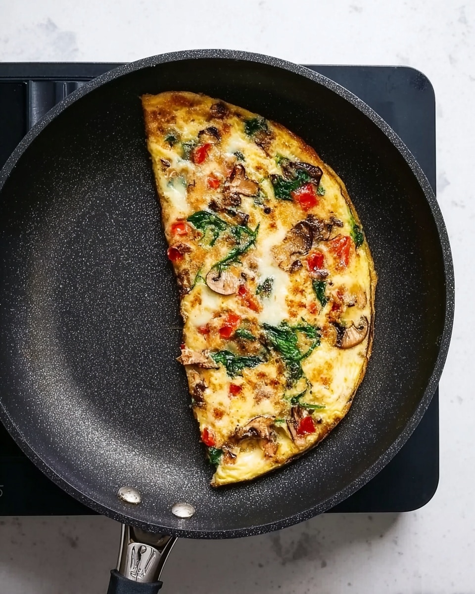 A black frying pan sits on a black hot plate on a white marbled surface. Inside the pan, there is a half-moon shaped omelette made of layers of cooked egg that is light yellow in color. The omelette has visible pieces of red tomato, green spinach, and some brown mushroom bits scattered evenly throughout. The texture looks fluffy with slight browning on the top. The pan handle is visible on the left side. photo taken with an iphone --ar 4:5 --v 7
