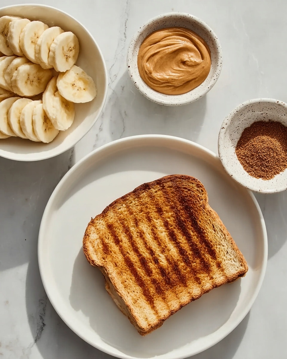 A photo shows a white plate with a single slice of toasted bread that is golden brown with darker grill lines across it, placed on a white marbled surface. To the left, a white bowl holds evenly sliced banana pieces arranged in a neat row. To the right, two small white speckled bowls sit side by side; one contains a smooth light brown spread, and the other holds a small pile of fine, dark brown powder. Photo taken with an iphone --ar 4:5 --v 7