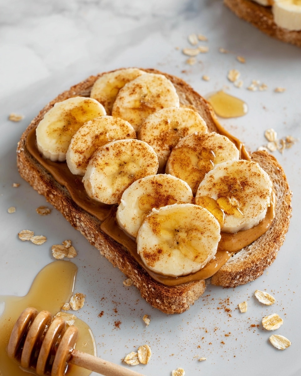 The image shows a slice of whole grain toast topped with a smooth layer of peanut butter, followed by seven slices of banana arranged in a slightly overlapping line across the toast. The banana slices are sprinkled with a light dusting of cinnamon and drizzled with honey, adding a glossy golden shine. The toast rests on a white plate with a few scattered oats and a small drizzle of honey on the white marbled surface below. A honey dipper with honey is partially visible at the bottom. photo taken with an iphone --ar 4:5 --v 7