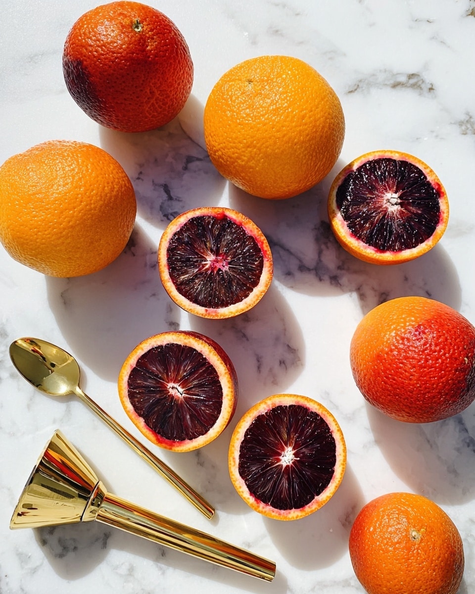 The image shows a white marbled surface with several blood oranges, some whole and some cut in half. The cut oranges display deep red and dark purple segments with a glossy texture, while the whole oranges have a bright orange peel. A shiny golden spoon and a golden jigger lie beside the oranges, adding a metallic contrast to the fruit and surface. The colors range from bright orange to dark burgundy, and the layout is casual with the fruits scattered around. photo taken with an iphone --ar 4:5 --v 7