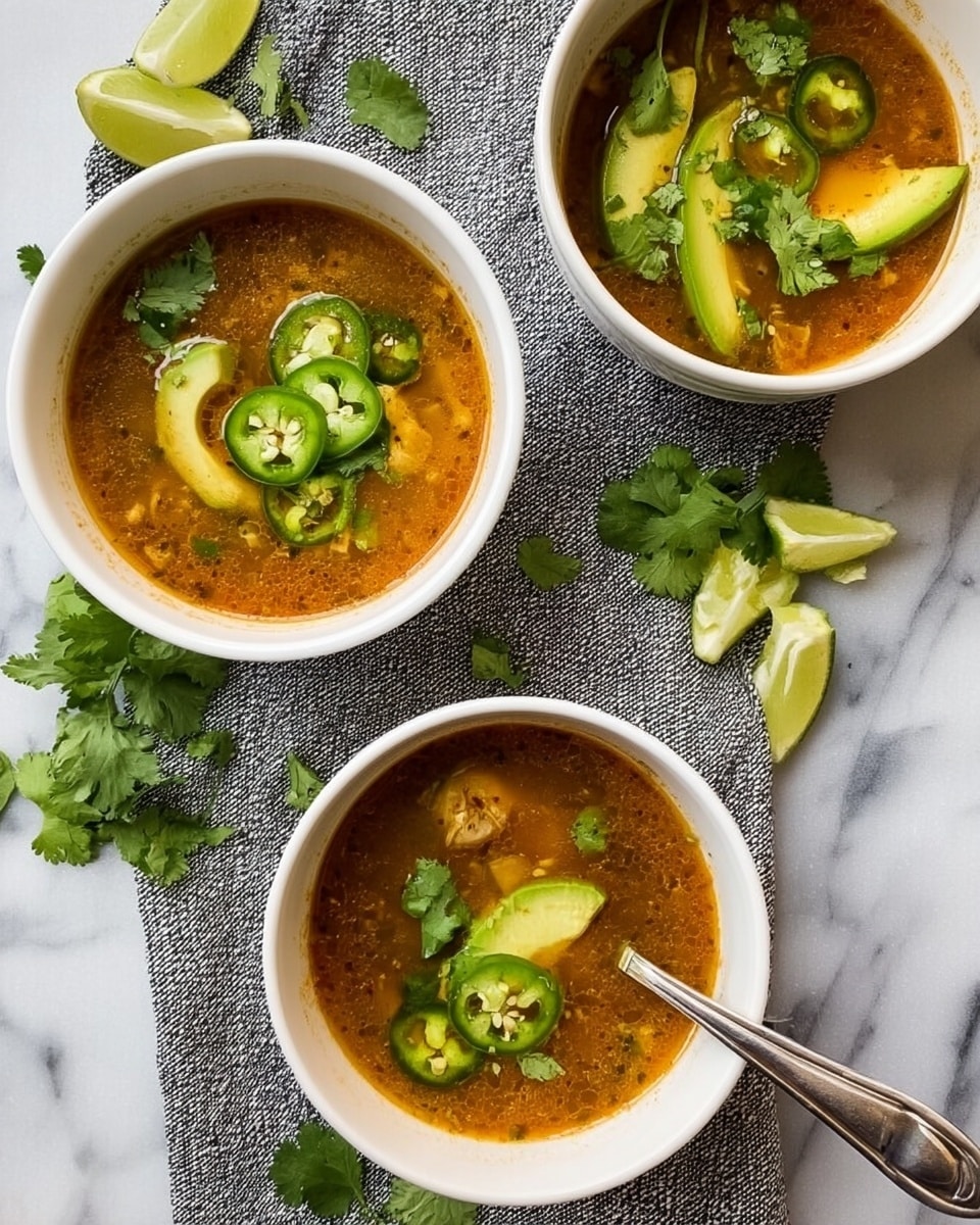Three white bowls of soup are arranged on a white marbled surface with a gray and white cloth beneath them. Each bowl contains a rich, orange-brown broth with visible spices and small pieces inside. On top of the soup, there are slices of green avocado, round slices of green jalapeño with seeds, and fresh green cilantro leaves. One bowl, placed at the bottom, has a silver spoon resting inside and shows more thick, creamy texture pieces in the soup. Lime wedges rest next to the bowls, scattered with extra jalapeño slices and cilantro leaves. The photo is taken with an iphone --ar 4:5 --v 7