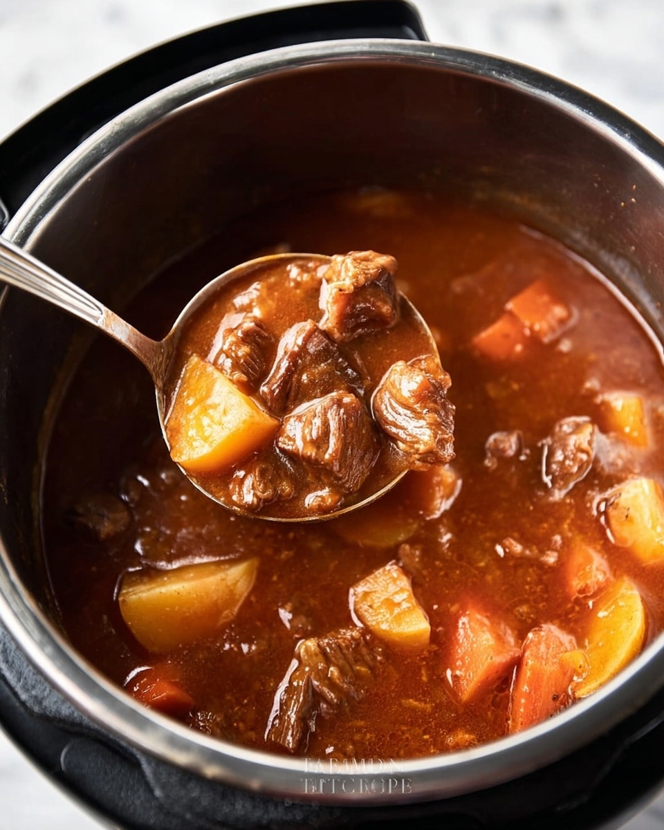 A close-up view inside a black pressure cooker filled with thick brown stew, showing chunks of tender, dark brown meat, orange carrot pieces, and pale yellow potato wedges in a rich, glossy sauce. A ladle is lifting a portion of the stew, highlighting the chunky texture and the mix of ingredients suspended in the thick, shiny broth. The scene has a clean white marbled surface underneath, with bright natural light enhancing the warm colors of the dish, photo taken with an iphone --ar 4:5 --v 7