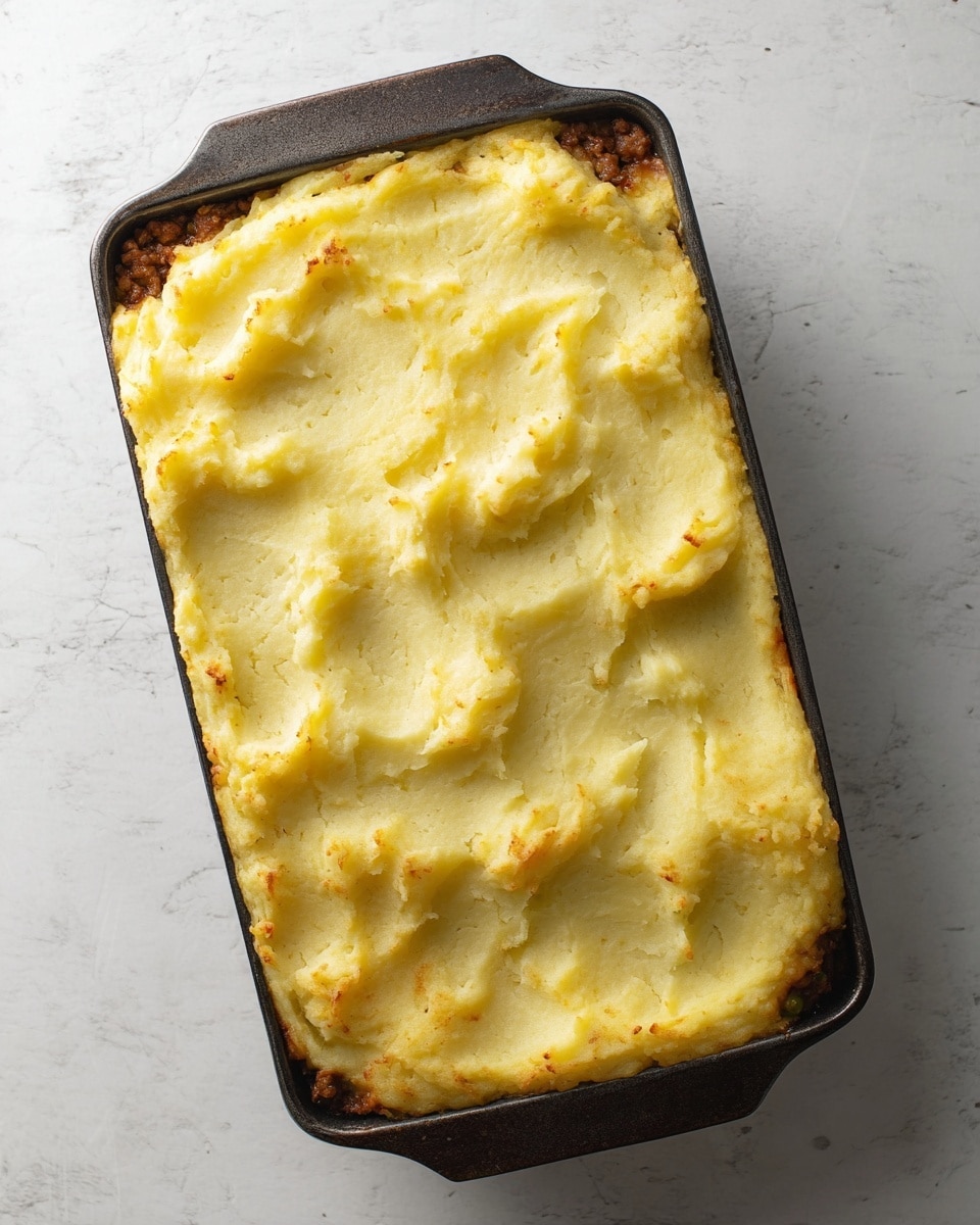 A rectangular dark metal baking dish filled with a layered shepherd's pie, showing a thick, uneven layer of golden-yellow mashed potatoes on top with soft, fluffy texture and some edges slightly browned. Underneath the mashed potato layer, a glimpse of rich, dark brown cooked meat filling is visible on the sides where the potato topping does not fully cover. The baking dish rests on a white marbled surface. photo taken with an iphone --ar 4:5 --v 7