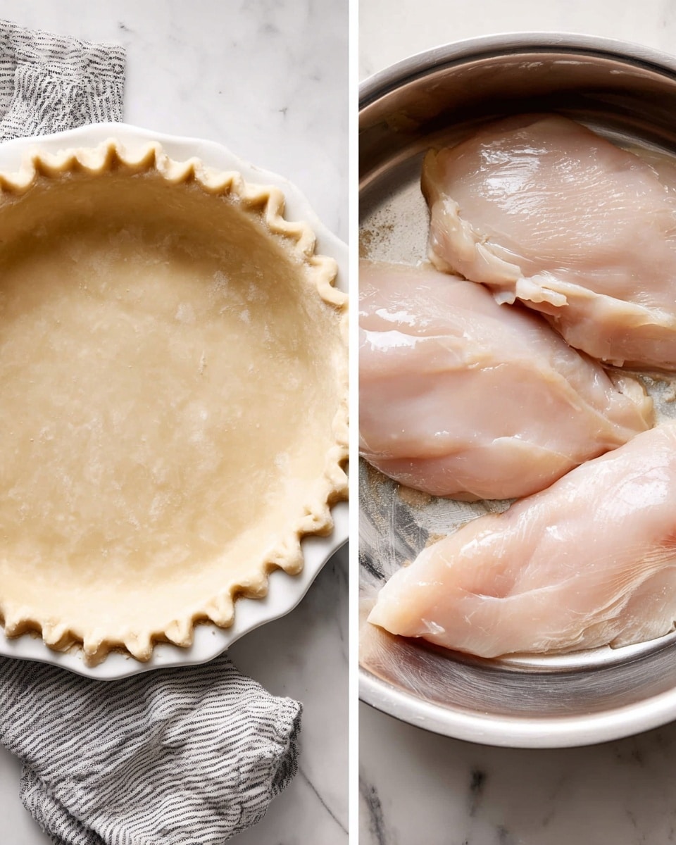 The image shows two side-by-side views; on the left, there is a white pie dish filled with a dough crust that has a crimped edge and a smooth, light tan surface, placed on a white marbled surface with a gray striped cloth partially visible behind it. On the right, a stainless steel pan contains several pale pink raw chicken fillets lying flat, showing their moist texture against the metal background. photo taken with an iphone --ar 4:5 --v 7