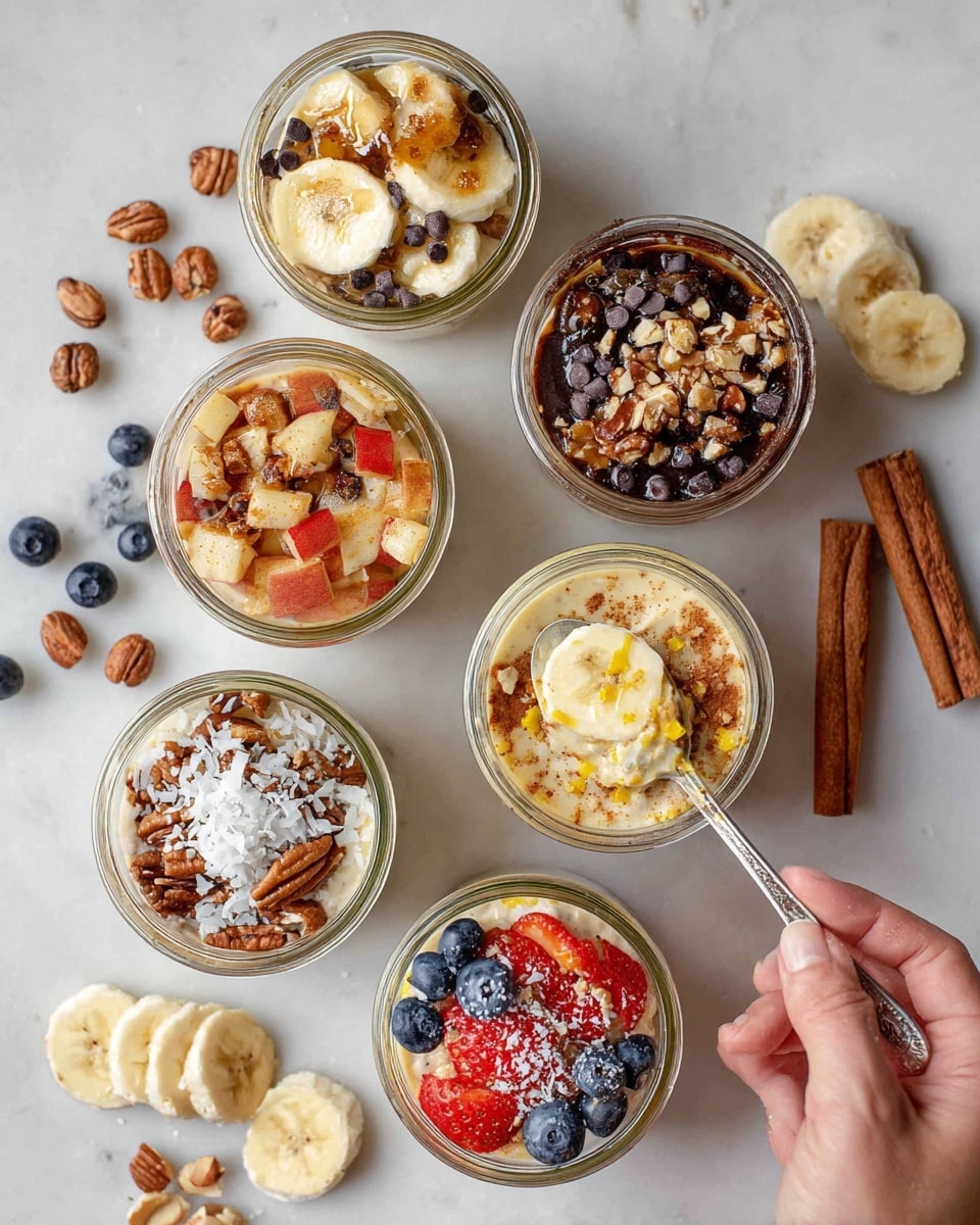 The image shows six small glass jars filled with different layered food mixtures on a white marbled surface. The top left jar contains a light creamy base topped with banana slices, chopped almonds, and dark chocolate chips. To its right, the jar has a dark shiny layer that looks like syrup with a sprinkling of brown sugar on top. Below, the middle-left jar has a creamy layer with chopped red apple pieces and pecans, dusted with cinnamon. The bottom left jar features a creamy base with dark chocolate chips, shredded white coconut, and chopped nuts. The bottom middle jar is filled with a creamy yellow layer and fresh blueberries with lemon zest on top. The right jar contains a creamy mixture, topped with chopped strawberries and sprinkled nuts; a woman's hand is holding a spoon with a scoop of this mixture. Scattered around are banana slices, whole hazelnuts, cinnamon sticks, and blueberries. photo taken with an iphone --ar 4:5 --v 7