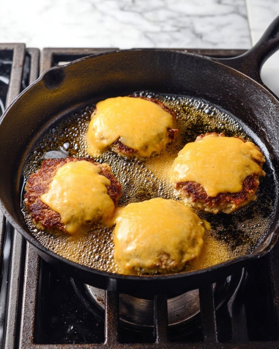 A black cast iron pan is shown on a gas stove, with four small patties cooking inside. Each patty is topped with a bright yellow slice of melted cheese that covers most of the surface, slightly melting and bubbling around the edges. The patties have a browned, crispy texture under the cheese, and the pan shows some sizzling butter or oil bubbling around them. The stove grates are dark metal, and the background surface next to the stove is a white marbled texture. photo taken with an iphone --ar 4:5 --v 7