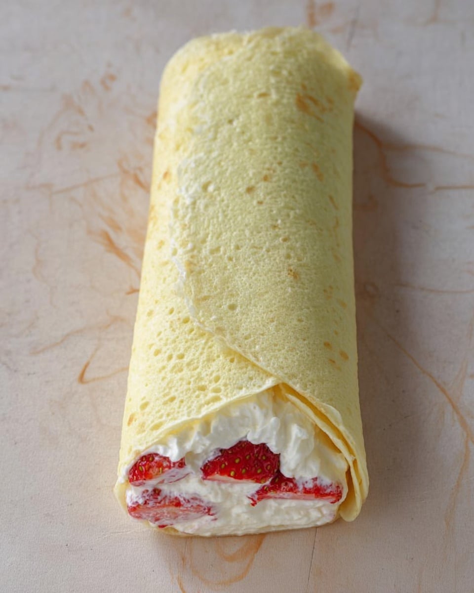 A rolled crepe with a light yellow color and slightly wrinkled texture on the outside, lying flat on a white marbled surface. Inside, a visible layer of white cream is mixed with small pieces of red fruit, likely strawberries, peeking out from one side near the edge. The crepe is rolled tightly but not fully closed, showing the creamy and fruity filling inside. Photo taken with an iphone --ar 4:5 --v 7
