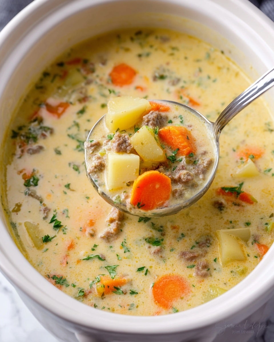 The image shows a white crockpot filled with creamy soup that has a light yellowish base. Floating in the soup are bright orange slices of carrots, pale yellow cubes of potatoes, small bits of ground meat, and some scattered green herbs sprinkled on top. A silver ladle is held above the crockpot, showing a close-up of the soup with the same colorful ingredients clearly visible inside the ladle. The background and surface are white marbled texture. Photo taken with an iphone --ar 4:5 --v 7