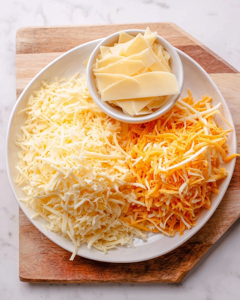 A white plate filled with three types of shredded cheese. On the left side of the plate, there is a pile of light yellow shredded cheese with a soft texture. On the right side, there is a pile of bright orange and white shredded cheese mixed together. In the center top of the plate, a small white bowl holds thin, pale yellow cheese slices that look smooth and slightly curved. The plate rests on a wooden board, placed on a white marbled surface. Photo taken with an iphone --ar 4:5 --v 7