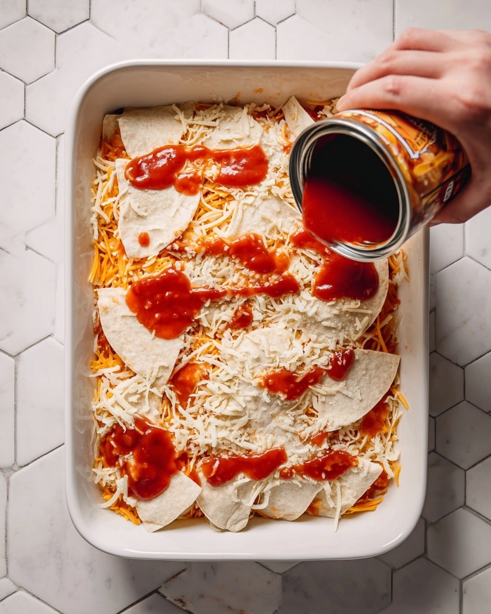 A white rectangular baking dish is filled with layered ingredients starting with a base layer not fully visible, then a layer of orange shredded cheese scattered evenly, and topped with broken pieces of white tortilla covering most of the dish's surface. A woman's hand is seen pouring red sauce from an open can onto the tortillas, creating small pools of sauce that soak parts of the tortillas. The dish sits on a white marbled surface made of hexagon tiles. photo taken with an iphone --ar 4:5 --v 7