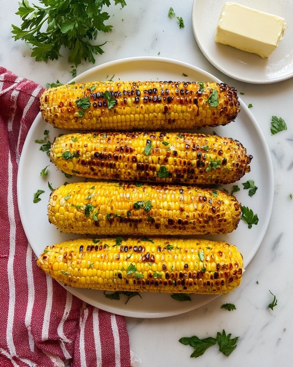 Four grilled corn cobs with char marks and bits of green parsley scattered on them are neatly lined up on a white plate placed on a white marbled surface. Around the plate, there are a few parsley leaves for garnish. To the right side, a small white plate holds a block of butter with a couple of parsley sprigs, while a red and white striped cloth is partly seen on the left side. The photo taken with an iphone --ar 4:5 --v 7