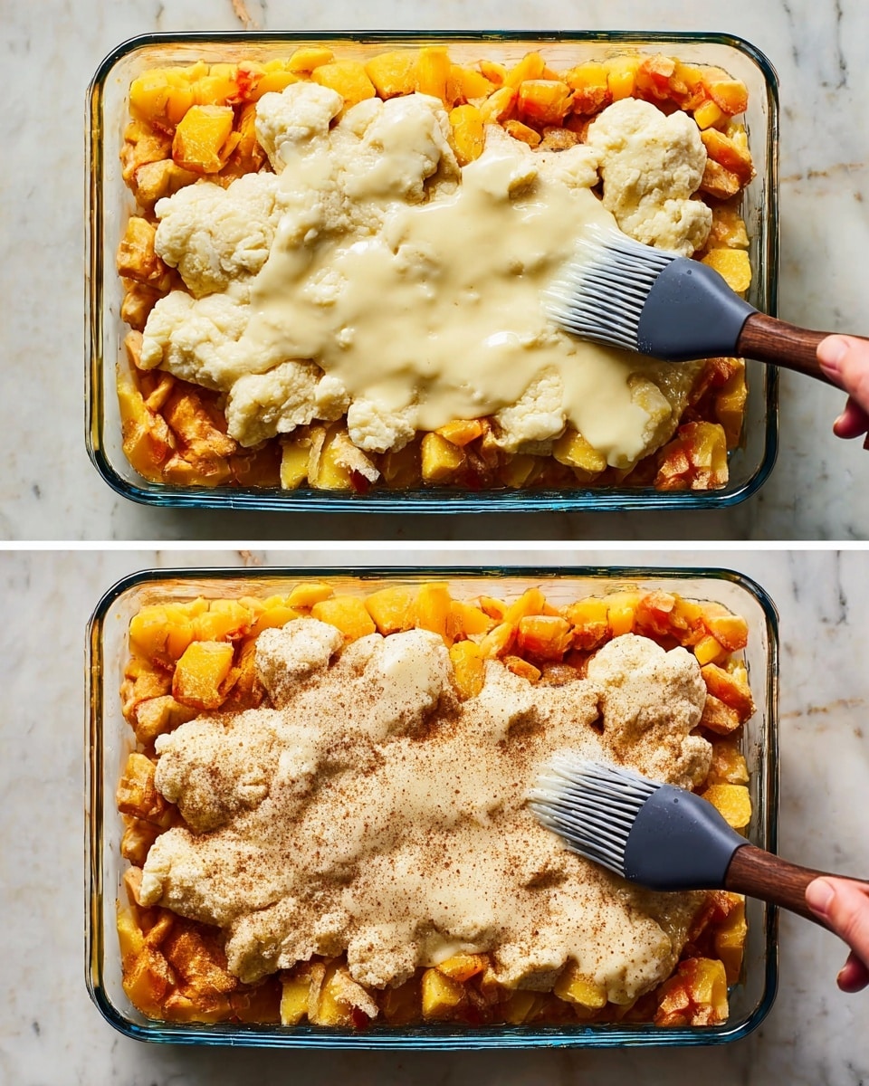 The image shows a clear rectangular glass baking dish filled with three distinct layers. The bottom layer is a mix of golden yellow and soft red chunks, likely cooked fruit or vegetables, tightly packed and covering the entire dish. The middle layer is a thick, uneven dough with a pale cream color, spread in large blobs across the top, not fully covering the bottom layer, creating a rustic look. In the first image, a woman's hand is holding a black brush with gray bristles, spreading a shiny pale yellow glaze on the dough. In the second image, the dough is sprinkled with a light dusting of fine cinnamon-colored powder, making the surface look slightly textured. The dish is placed on a white marbled surface. photo taken with an iphone --ar 4:5 --v 7