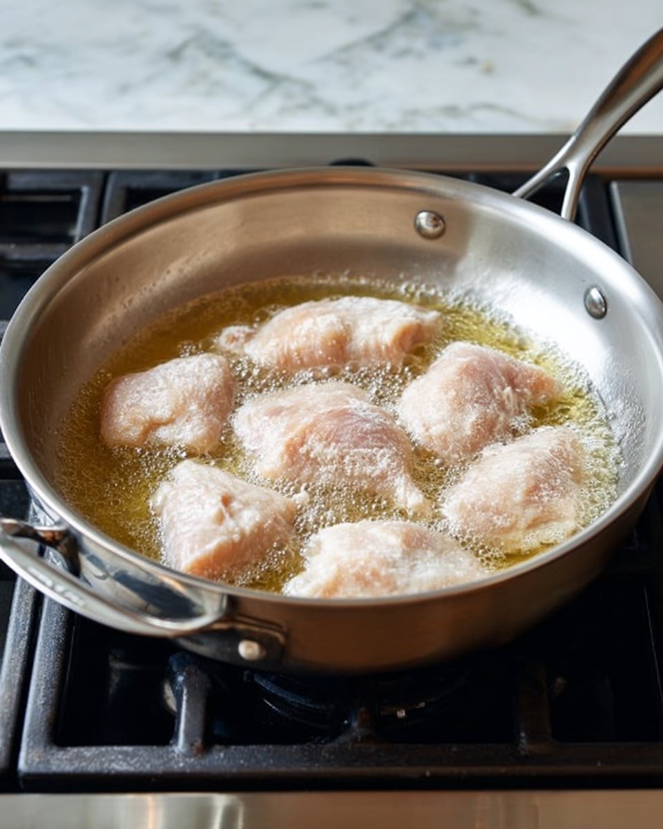 A shiny stainless steel frying pan sits on a stove, filled with several pale pink raw chicken pieces lightly coated in flour or batter, frying gently in bubbling light yellow oil. The chicken pieces are arranged in the pan with some edges overlapping, and their textured, powdery surfaces are visible. The stove and pan handles are metallic, and the pan reflects soft kitchen lighting. The background is a white marbled countertop visible behind the stove. photo taken with an iphone --ar 4:5 --v 7