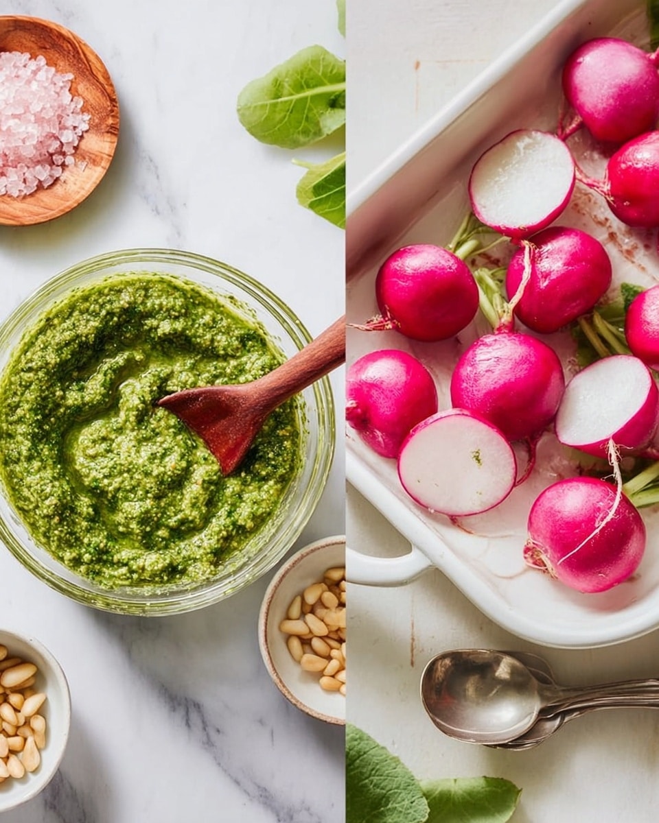 The image shows two parts: on the left, there is a clear glass bowl filled with green pesto sauce that has a rough, slightly chunky texture, with a wooden spoon resting inside it. Around the bowl, there is a small wooden plate with pink salt crystals, a small white bowl with some green sauce, a small glass bowl of pine nuts, and a few green leaves on a white marbled surface. On the right, there is a white tray holding several whole and sliced radishes with bright red-pink skin and white inside, with a silver spoon resting beside them. The scene is bright and clean, with a fresh and vibrant feel photo taken with an iphone --ar 4:5 --v 7