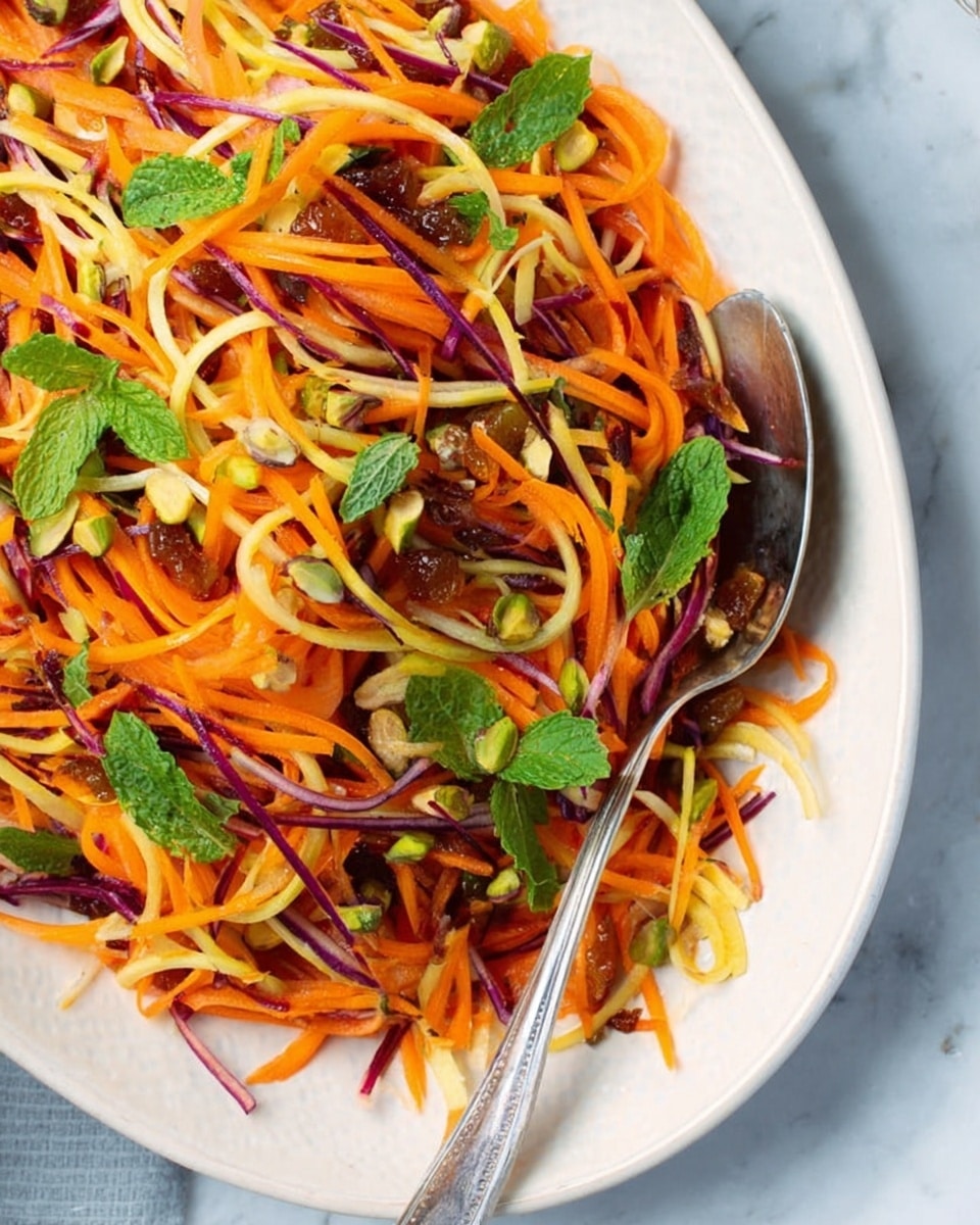 The image shows a white oval plate filled with a colorful salad made of thin orange carrot strands, pale yellow carrot strands, and thin purple carrot strands mixed together. On top, there are bright green fresh mint leaves scattered around, along with small pieces of juicy brown dates and some small light yellow pistachio bits. The salad has a fresh, vibrant look with the contrast of colors and a silver serving spoon resting on the right side of the plate. The background is a white marbled surface. photo taken with an iphone --ar 4:5 --v 7