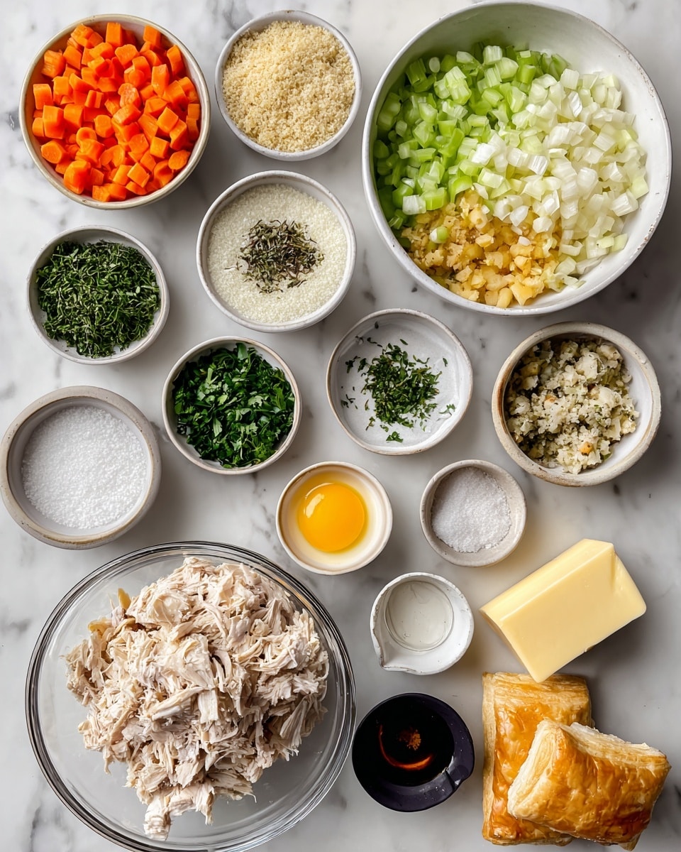 The image shows many small white bowls and clear glass containers arranged on a white marbled surface, each holding a different cooking ingredient. There’s a large white bowl filled with finely chopped celery, carrots, and yellow onion sitting to the right side. Smaller bowls contain panko bread crumbs, minced garlic, chopped parsley, oregano leaves, chopped chives, fresh thyme sprigs, flaky salt, whole milk, sherry, salt and pepper, and an egg yolk in a small black bowl. At the bottom, a larger clear bowl is filled with shredded rotisserie chicken, and next to it is a stick of unsalted butter and a piece of folded puff pastry. The colors vary from orange and green in the vegetables to creamy white, golden yellow of the egg yolk, and pale browns of the chicken and bread crumbs. Everything is neatly arranged and clearly labeled in black text. photo taken with an iphone --ar 4:5 --v 7