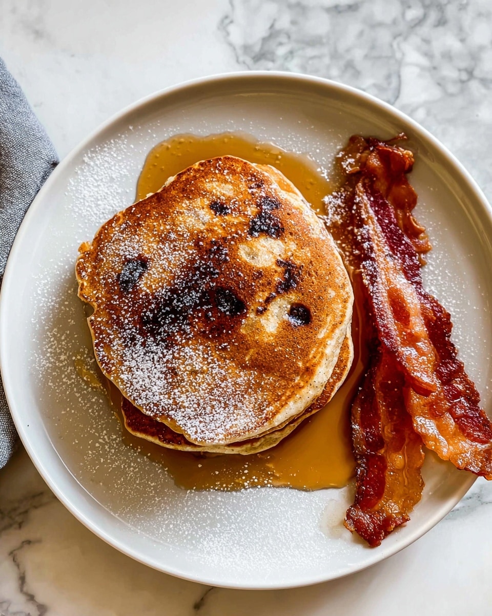 The image shows a white plate with two pancakes stacked in the center, golden brown with some darker spots and sprinkled with powdered sugar. There is a layer of syrup under and around the pancakes, adding a shiny texture. On the right side of the plate, there are two crispy strips of bacon with a reddish-brown color and a slightly wavy shape. The plate is placed on a white marbled surface. Photo taken with an iphone --ar 4:5 --v 7
