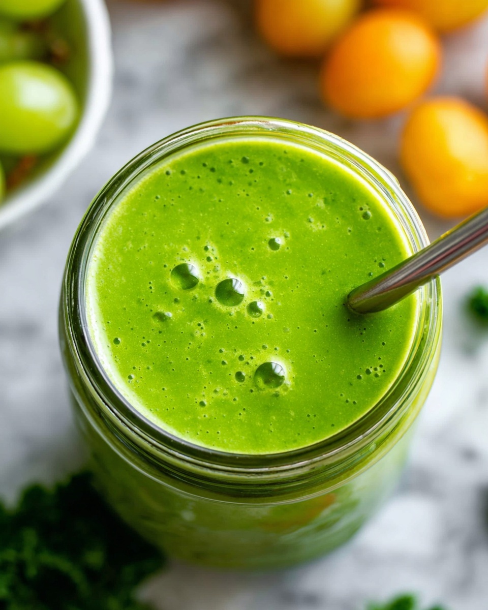 A close-up photo shows a clear glass jar filled to the top with a smooth, bright green smoothie that has small bubbles on its surface. A silver metal straw is inserted from the top right into the smoothie. Around the jar, there are blurred yellow and orange fruits, some leafy green vegetables, and a small white bowl with green grapes, all set on a white marbled surface. The focus is on the vibrant green color and creamy texture of the smoothie inside the jar. photo taken with an iphone --ar 4:5 --v 7