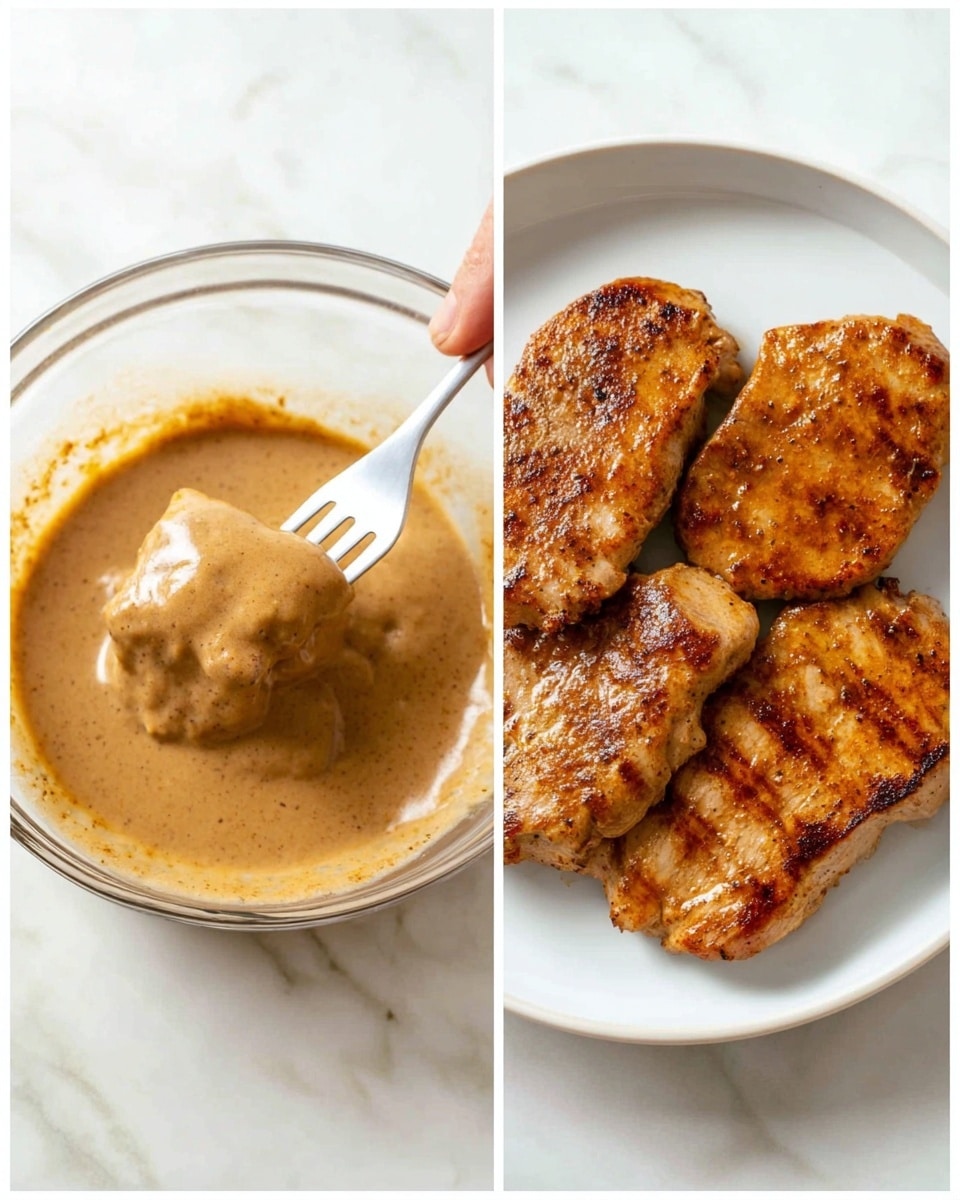 The image shows two parts: on the left is a clear glass bowl filled with a thick, creamy light brown sauce. A white fork held by a woman's hand is lifting a piece of raw meat covered in the sauce. On the right side, there is a white plate with five cooked meat pieces, golden brown with crispy edges and some darker grill marks, lying on a white marbled surface. The cooked meat looks juicy and tender with a slightly shiny texture from the oil or sauce. Photo taken with an iphone --ar 4:5 --v 7