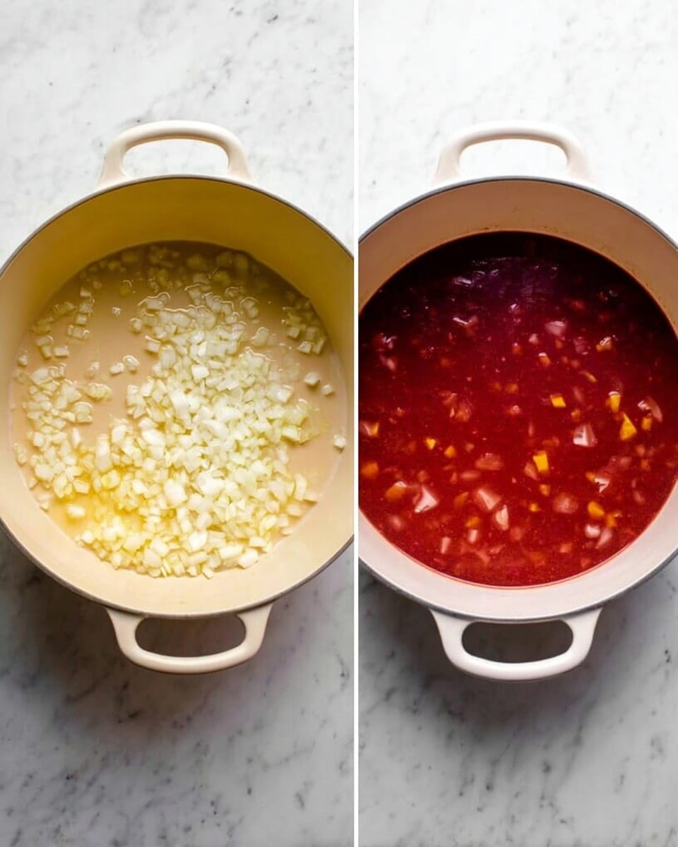 The image shows a white pot on a white marble surface. In the first frame, the pot has one layer of small chopped white onions spread evenly on the bottom with a slight sheen of oil. In the second frame, the same white pot is filled with a thick red soup that has visible small yellow, white, and red pieces floating inside. The soup looks rich and gently bubbling on the surface. Photo taken with an iphone --ar 4:5 --v 7