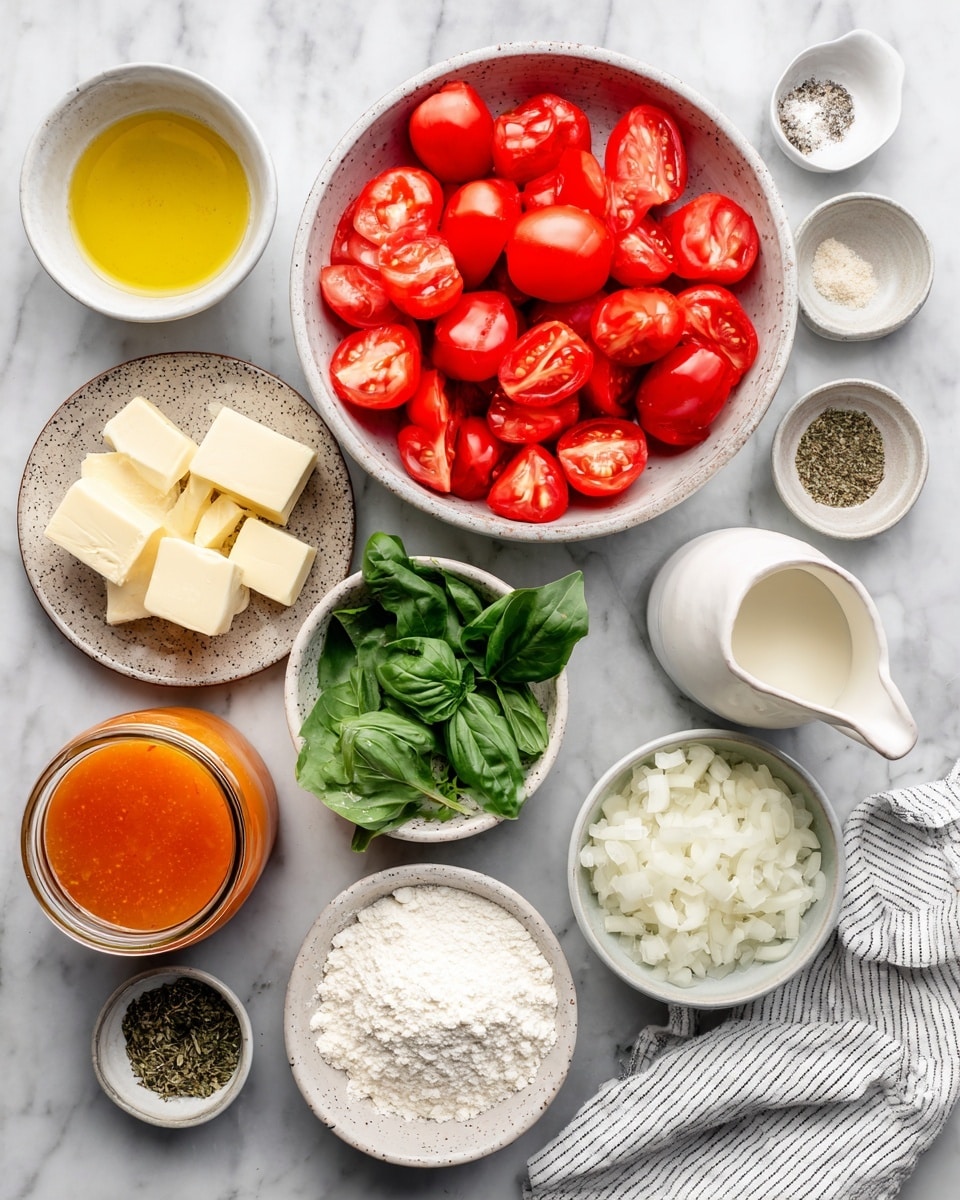 The image shows a top view of ingredients arranged on a white marbled surface. At the center, there is a large bowl filled with bright red quartered tomatoes. To the right of the tomatoes is a bowl of finely chopped white onion and a small white pitcher filled with heavy cream. Above these is a small bowl containing minced garlic, and next to it, a small bowl with golden olive oil. Above the tomatoes, there are two small bowls: one with salt and pepper mixed, the other with sugar. Below the tomatoes, there is a glass jar filled with orange vegetable broth. To the left, a small speckled bowl holds fresh green basil leaves, while beside it, two blocks of pale yellow butter rest on a separate small speckled plate. A small bowl of white flour is above the basil, and fresh green basil leaves are also placed loosely on the white marbled surface. A striped white and gray kitchen towel is visible at the bottom right corner. photo taken with an iphone --ar 4:5 --v 7