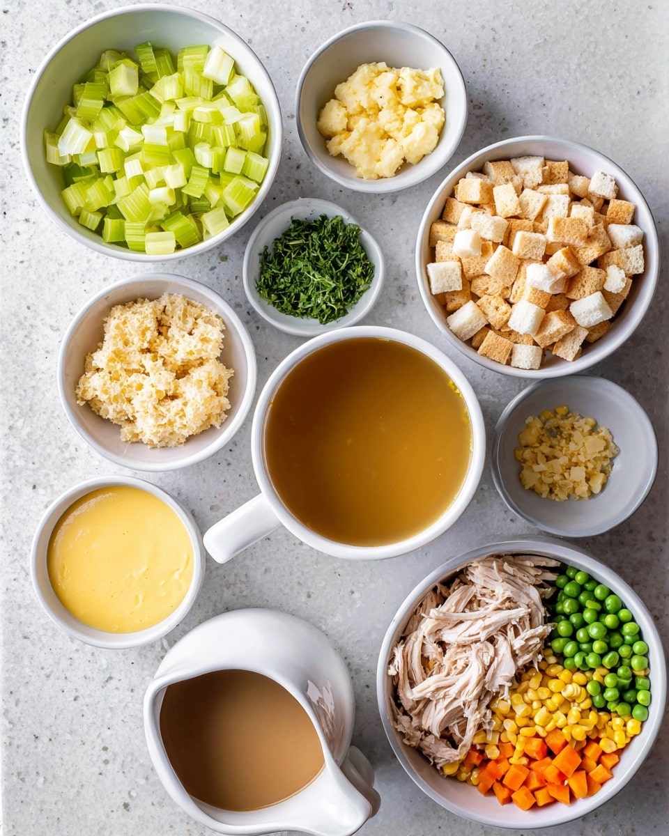 Several small white bowls are placed on a white marbled surface, each holding different ingredients. One bowl contains chopped light yellow-green celery pieces, another has smooth pale yellow mayonnaise. A bowl holds bright green parsley leaves. Another contains small minced yellow garlic. There is a bowl with white and light brown square croutons. A white cup with a handle is filled with clear golden broth in the center. A bowl contains mixed frozen vegetables with green beans, peas, corn, and diced orange carrots. Another bowl holds light brown cooked, shredded chicken pieces. A small white bowl at the bottom left contains melted yellow butter, and next to it is a white pitcher with thick brown gravy. Photo taken with an iphone --ar 4:5 --v 7
