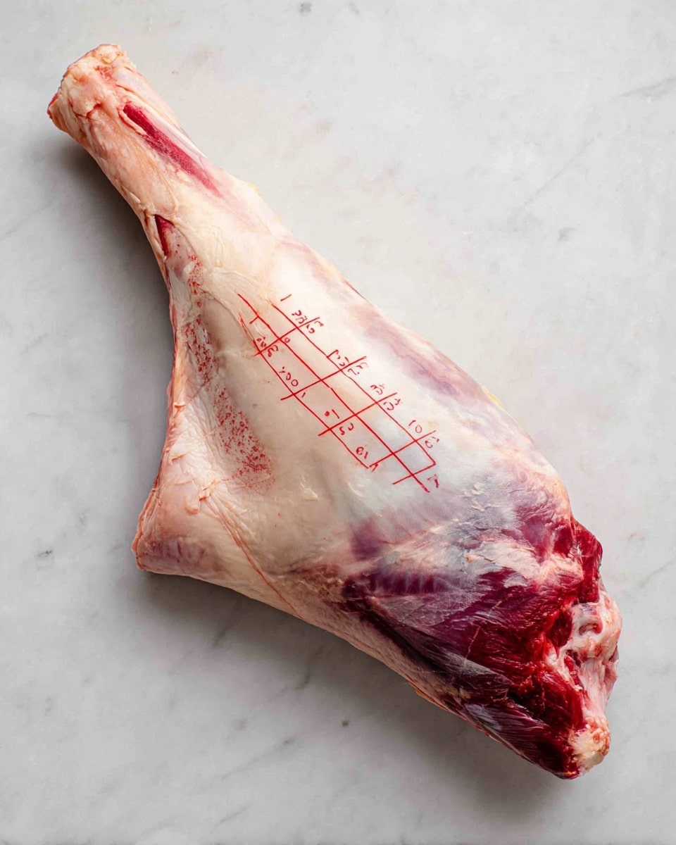 A raw lamb leg lies on a white marbled surface, showing a pale pink and white skin tone with some red markings stamped along its length, including text and grid lines in bright red ink. The shape tapers from a thicker, rounded end to a narrower bone-in end, with visible muscle and fat texture beneath the skin. The overall surface has a slightly shiny and smooth texture revealing natural curves and folds. photo taken with an iphone --ar 4:5 --v 7