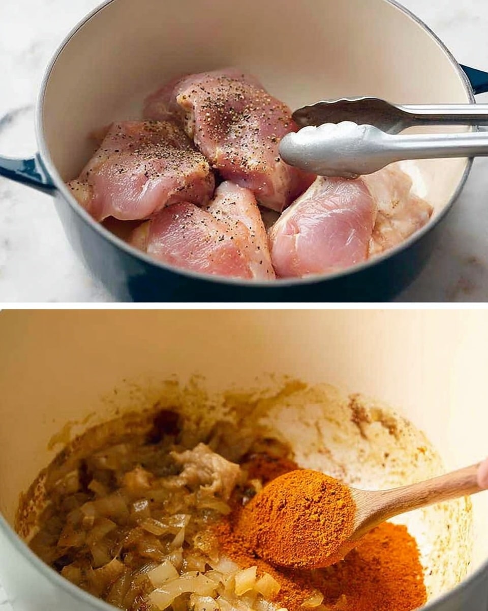 The image shows two steps of cooking in a white pot on a white marbled surface. In the first step, a close-up view shows several large pink pieces of raw chicken with black pepper on them, being held by a woman's hand using metal tongs. The chicken pieces have a smooth, moist texture and are placed side by side in the pot. In the second step, the pot contains cooked onion pieces that are translucent and soft, mixed with a bright orange-red powder seasoning being stirred by a wooden spoon inside the pot. The inside of the pot has some brown bits stuck to the sides from cooking. Photo taken with an iphone --ar 4:5 --v 7