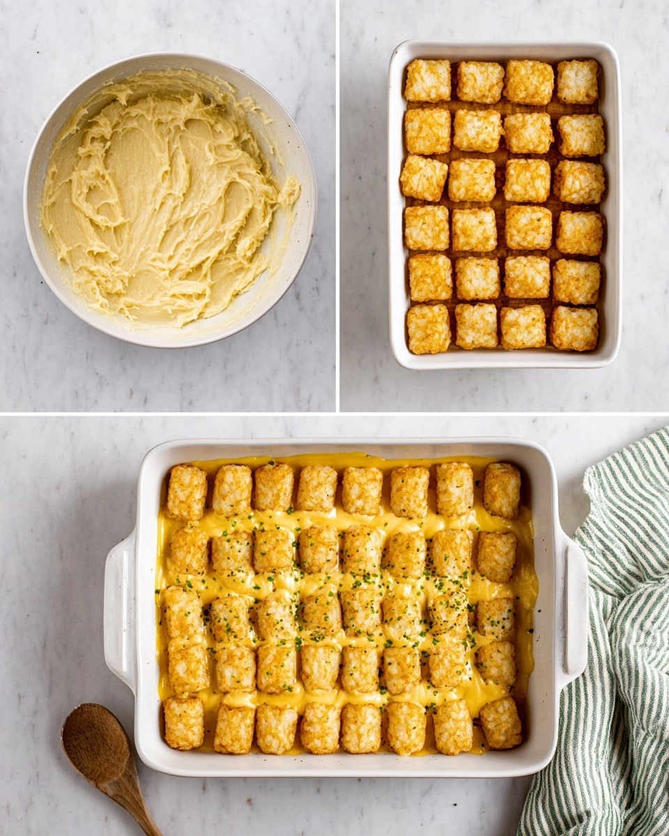 The image shows three stages of making a dish arranged side by side on a white marbled surface. The first stage is a white bowl filled with a creamy, thick yellow mixture with small bits visible, suggesting shredded ingredients mixed in. The bowl has some of the mixture smeared on its edges. The second stage shows a white rectangular baking dish filled neatly with two layers: the bottom is hidden, and the top layer consists of evenly placed square, golden brown crisps or tater tots arranged in rows, covering the entire surface. The third stage displays the same white baking dish with the crisps now partially covered by a thick, smooth yellow layer of sauce or cheese, with small green herb sprinkles on top and a few crisps peeking through. A wooden spoon lies next to the dish, and there is a small piece of fabric with green stripes on the right side. The colors range from creamy off-white and light yellow to golden brown. Photo taken with an iphone --ar 4:5 --v 7