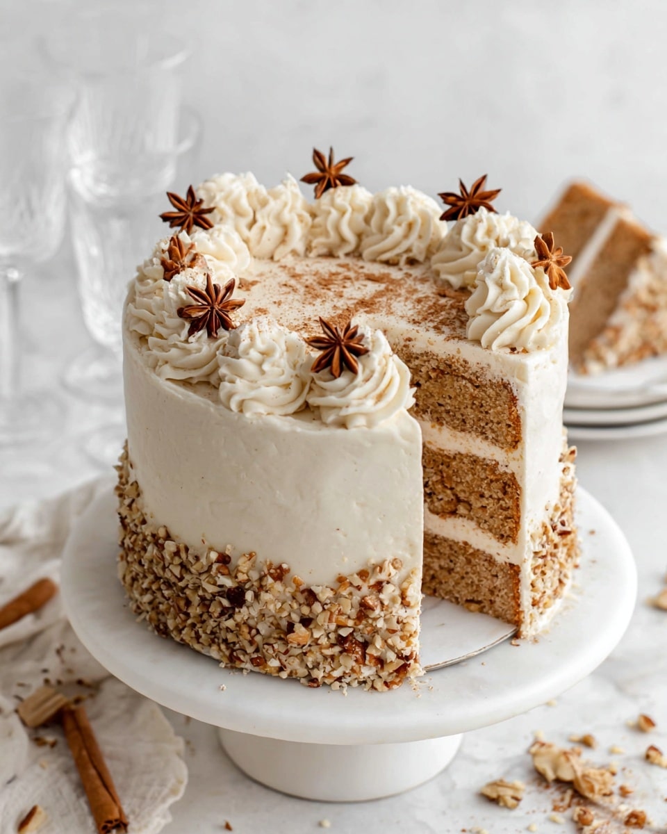 The image shows a three-layer cake on a white marbled surface, placed on a white cake stand. Each cake layer is light brown with a soft texture, separated by smooth white frosting. The outside of the cake is fully covered in the same white frosting, with a border of small chopped nuts around the base. The top is decorated with thick swirls of white frosting placed evenly around the edge, and the center is sprinkled with more chopped nuts and two star-shaped brown spices. In the background, there is a blurred slice of the same cake on a white plate and some clear glasses. Small pieces of cake crumbs and nuts are scattered around the stand. Photo taken with an iphone --ar 4:5 --v 7