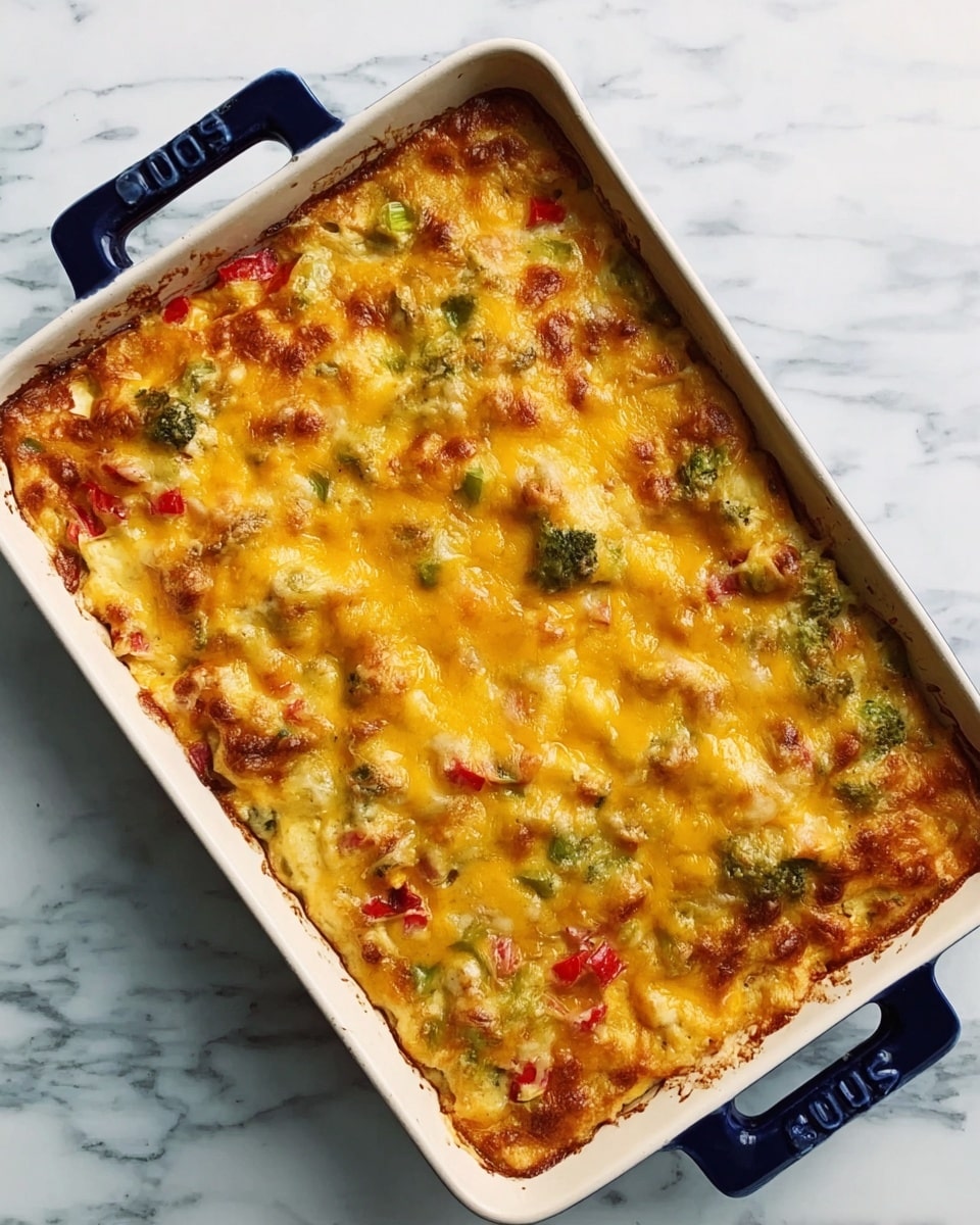 The image shows a rectangular white baking dish with dark blue handles filled with a baked casserole. The casserole has a thick golden-yellow melted cheese layer on top with small visible bits of green and red vegetables scattered throughout. The texture looks creamy and slightly bubbly at the edges of the dish. The dish sits on a white marbled surface. photo taken with an iphone --ar 4:5 --v 7