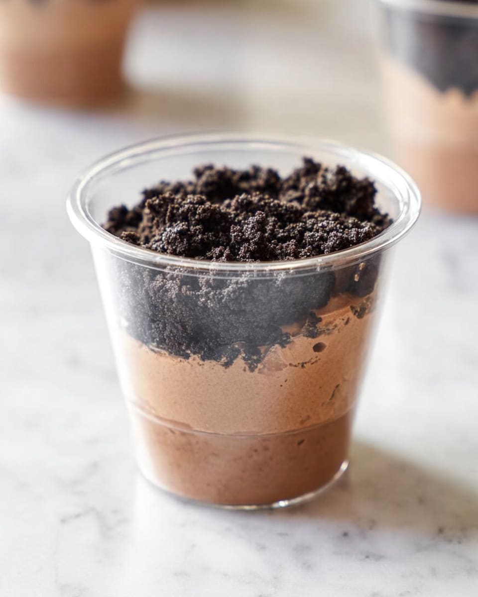 A clear plastic cup holds two layers: the bottom layer is a smooth, light brown mousse with a creamy texture, filling about two-thirds of the cup; the top layer is made of chunky, dark black cookie crumbs that cover the mousse, adding a rough texture and contrast to the smooth base. The cup is set on a white marbled surface with soft natural light, making the colors and textures clear. Photo taken with an iphone --ar 4:5 --v 7