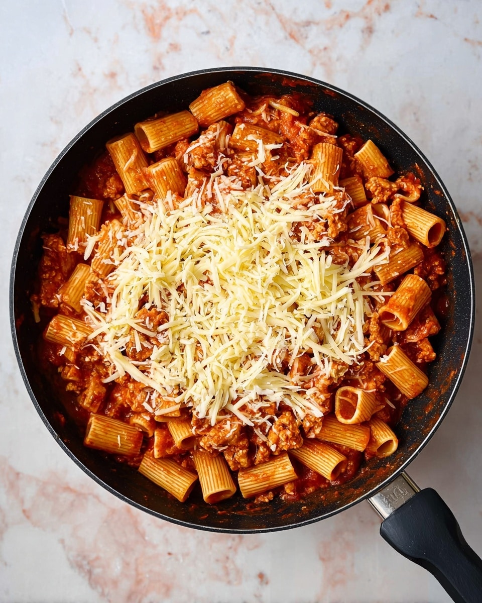 A black frying pan on a white marbled surface holds a pasta dish with two main layers. The bottom layer is rigatoni pasta mixed with chunks of light brown meat in red tomato sauce, covering the whole pan. On top, there is a layer of shredded pale yellow cheese and a light sprinkle of grated cheese evenly spread across the pasta. Photo taken with an iphone --ar 4:5 --v 7