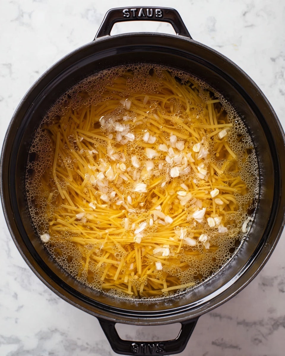 A large black pot filled with boiling water and thin yellow noodles submerged inside, with small pieces of chopped white garlic and onion floating on the surface, visible bubbles indicating boiling. The pot has two handles on opposite sides with the brand name