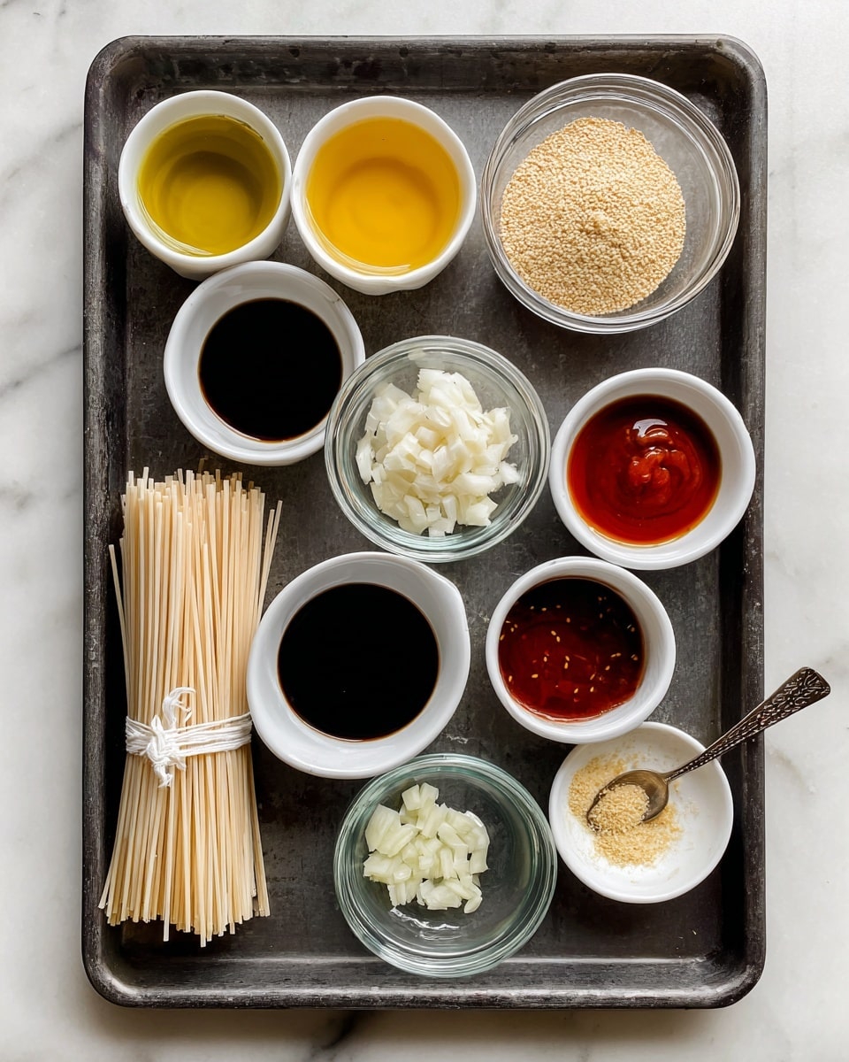 A dark gray baking tray on a white marbled surface holds several small white bowls and clear glass bowls, each filled with different cooking ingredients. At the center-left, a small bundle of beige rice noodles tied with a white string rests vertically. Surrounding it are bowls with bright yellow oil, dark brown soy sauce, rusty red sriracha sauce, creamy white tahini, translucent light green rice vinegar, dark amber honey, and glossy brown sesame oil. A small white bowl holds chopped white garlic next to a silver spoon with pale yellow powdered ginger on the right side of the tray. All items are neatly spaced out on the tray. photo taken with an iphone --ar 4:5 --v 7