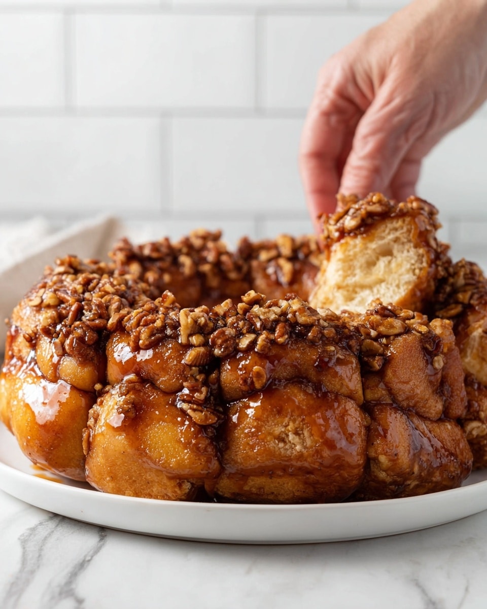 The image shows a close-up of a sticky, golden-brown monkey bread ring arranged on a white plate. The bread pieces are closely packed in a circular shape, each piece covered with a shiny glaze giving a glossy, caramelized look. The top is generously sprinkled with chopped pecans, adding a rough texture and rich brown color that contrasts with the soft, smooth bread below. A woman's hand gently pulls one piece away from the ring, highlighting the fluffy inner texture of the bread. The background features a white marbled surface and a white tiled wall, making the warm colors of the bread stand out. photo taken with an iphone --ar 4:5 --v 7