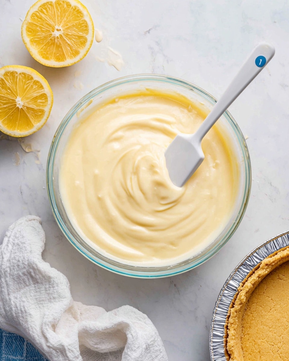 A clear glass bowl filled with a smooth, creamy, pale yellow lemon mixture with a white spatula resting inside, slightly swirled across the surface. To the top left of the bowl are two lemon halves showing a bright yellow inside. A white cloth is loosely placed below the lemons, on a white marbled textured surface. To the right, a white pie crust in a foil pan is visible, with a golden brown texture, ready for filling. A small blue circle with the number 1 is in the top left corner. Photo taken with an iphone --ar 4:5 --v 7
