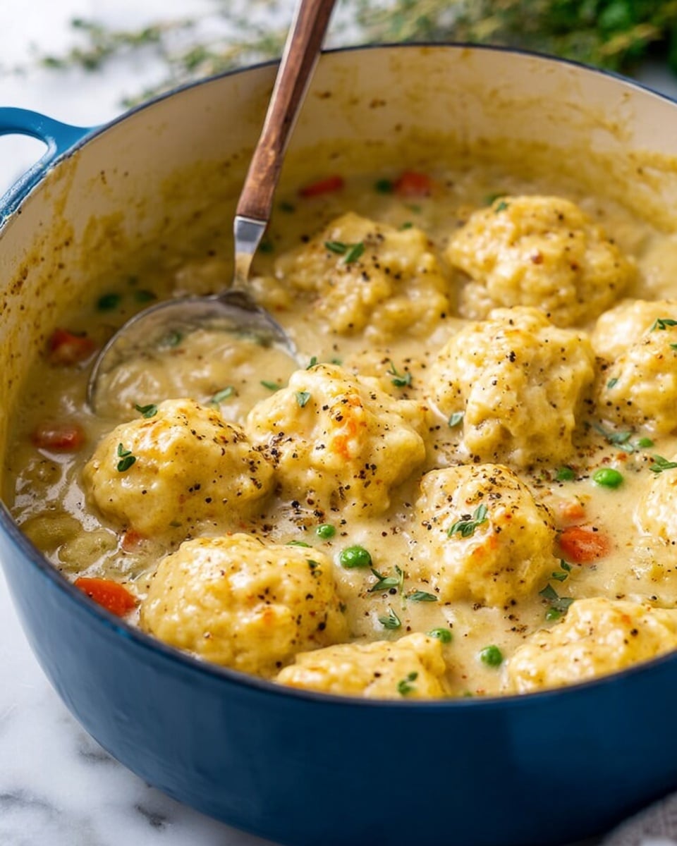 A blue pot filled with a creamy stew topped with about ten golden biscuit dumplings. The dumplings are soft and round with a slightly bumpy texture, covered in a thick yellow sauce with specks of black pepper and small green herbs on top. The stew underneath is creamy and has visible small bits of orange carrots and green peas mixed in. A silver spoon with a wooden handle rests inside the pot, slightly lifted above the stew. The pot is set on a white marbled surface, with some green herbs blurred in the background. Photo taken with an iphone --ar 4:5 --v 7