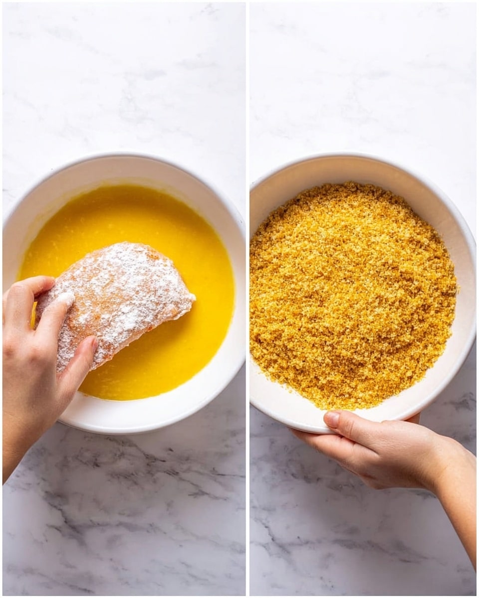 There are two side-by-side images showing the process of coating a piece of meat. In the left image, a woman's hand holds a lightly flour-covered piece of meat being dipped into a yellow beaten egg mixture in a white bowl. The egg mixture has a smooth and liquid texture. In the right image, the same woman's hand places the egg-coated piece of meat into a white bowl filled with bright golden, coarse, crumbly crumbs, covering the meat evenly. Both bowls are on a white marbled surface. photo taken with an iphone --ar 4:5 --v 7