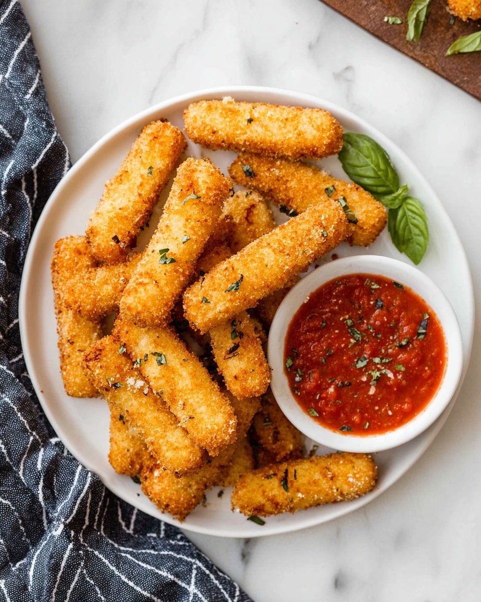 A white round plate sits on a white marbled surface, filled with golden, crispy sticks of fried mozzarella cheese that are textured with a crunchy breading and scattered with small green herbs. The sticks are piled in a slightly overlapping way, creating about two layers. On the right side of the plate, a small white round bowl holds bright red marinara sauce with visible tomato chunks and sprinkled with dried herbs. A few fresh basil leaves peek out from under the cheese sticks on the left side of the plate. A striped cloth with dark blue and white lines is seen at the bottom left corner. Photo taken with an iphone --ar 4:5 --v 7