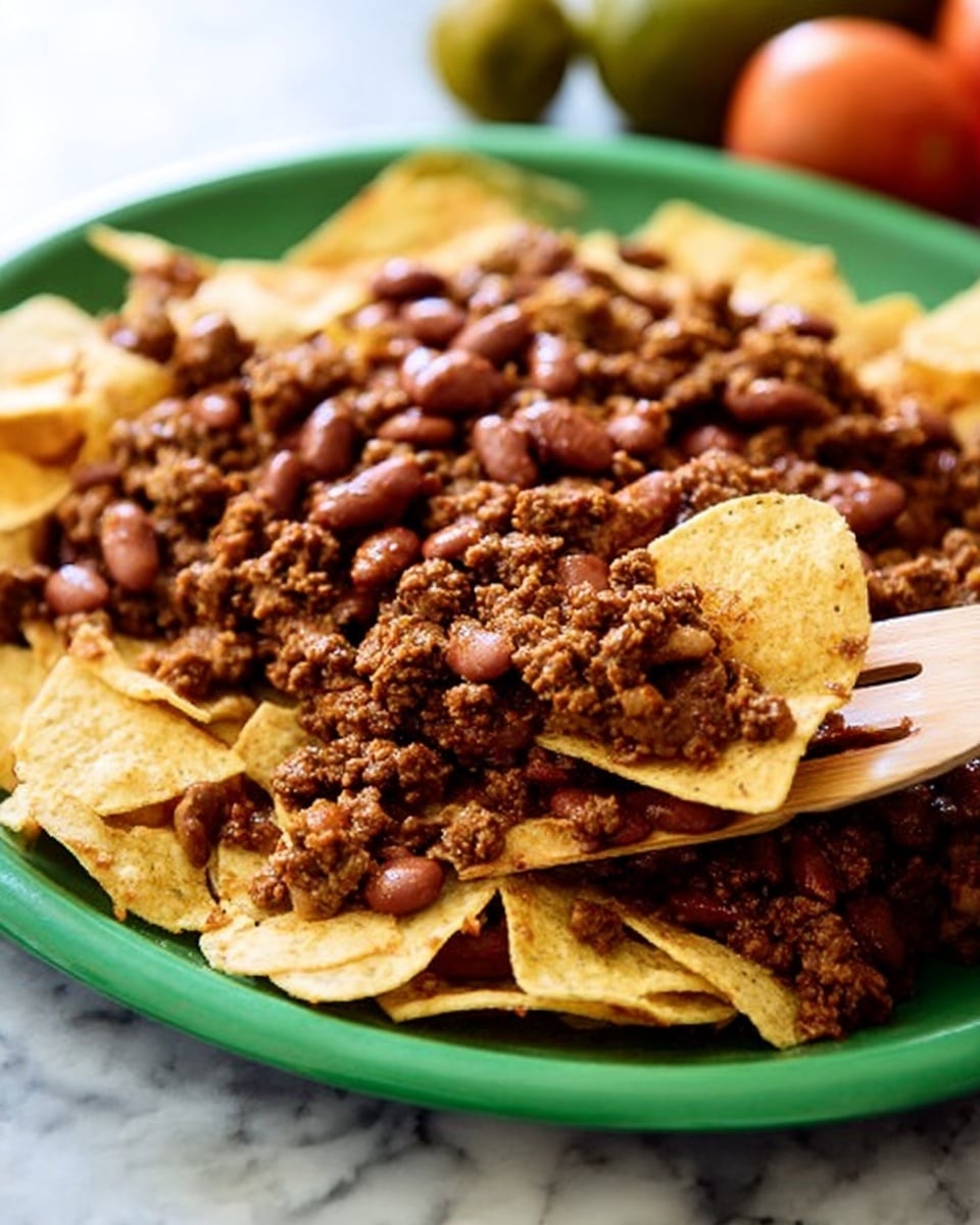 A green plate filled with a layer of light yellow corn chips spread out unevenly, topped with a thick, chunky layer of brown cooked ground meat mixed with reddish-brown beans scattered all over. A woman's hand holding a wooden spatula is on the right side, lifting some of the meat and beans. The background is a white marbled surface with blurred vegetables and fruits in the distance. Photo taken with an iphone --ar 4:5 --v 7