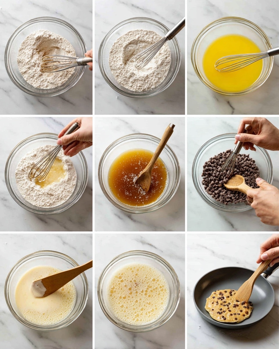 A series of nine images shows making chocolate chip pancake batter and cooking one pancake. Layers begin with a clear glass bowl on a white marbled surface filled with dry ingredients in photo 1, which are light brown and white powders. In photo 2, a woman's hand stirs the powders with a whisk. Photo 3 shows the same glass bowl with a yellow liquid, followed by photo 4 where a woman's hand uses a whisk in the liquid. Photo 5 shows the liquid being poured into the bowl of dry ingredients. Photo 6 displays the mixed batter, pale cream with bubbles, being whisked again. Photo 7 adds a heap of brown chocolate chips on top. Photo 8 shows the bubbly batter mixed with a wooden spatula, spreading chocolate chips. The final photo 9 shows a single small pancake shaped batter with chocolate chips frying in a dark gray pan. Photo taken with an iphone --ar 4:5 --v 7