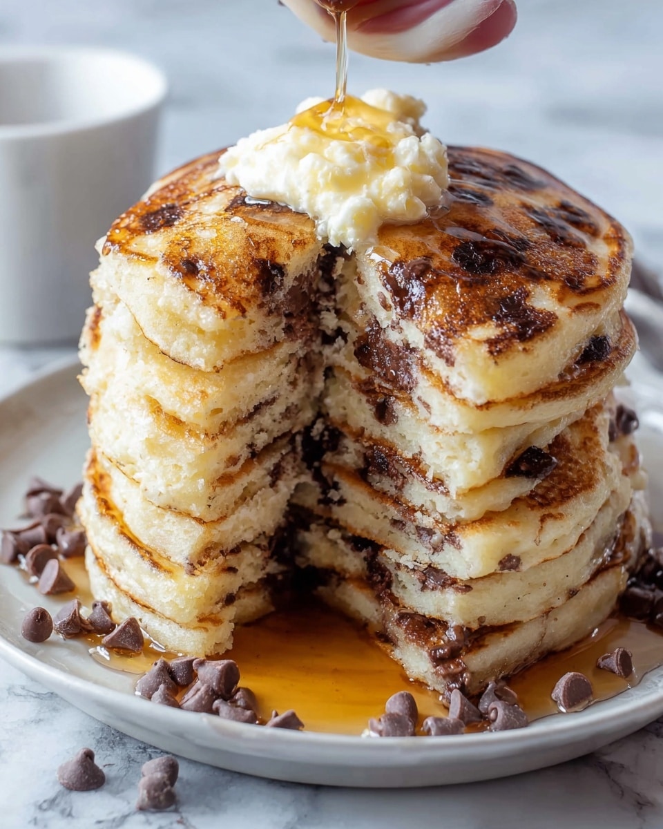 A stack of six thick pancakes sits in the center of a white plate on a white marbled surface. The pancakes are golden brown with darker spots where chocolate chips are melted inside. The top pancake is covered with a large dollop of melting butter and some syrup dripping down. Syrup surrounds the pancakes on the plate, mixed with scattered chocolate chips. A woman's hand is holding a piece taken from the middle of the stack, showing the soft and fluffy inside. Photo taken with an iphone --ar 4:5 --v 7