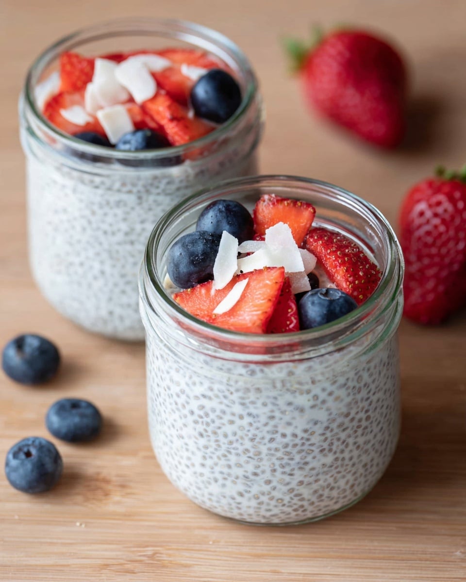 Two clear glass jars filled with a creamy white chia pudding, showing a speckled texture from the chia seeds. Each jar is topped with a small layer of bright red sliced strawberries and dark blue blueberries. There are also thin white flakes scattered on top of the fruit. The jars sit on a light wooden surface with scattered strawberries and blueberries around them, and a white marbled texture is visible in the background. photo taken with an iphone --ar 4:5 --v 7