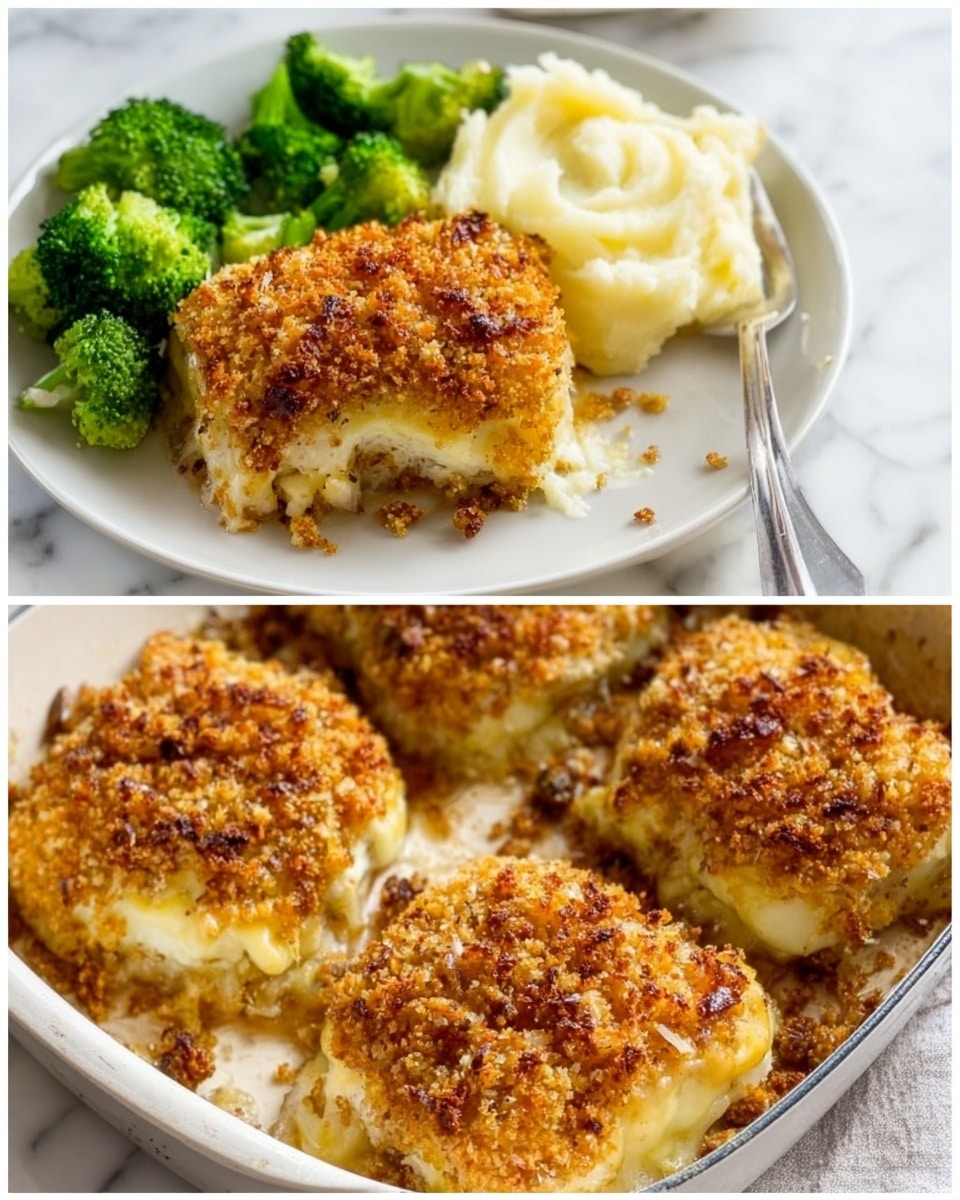The image shows four golden-brown pieces of food in a white pan, each topped with a crispy, crumbly layer. The base layer looks slightly browned and textured, topped with a smooth, melted layer of cheese, and finished with a crunchy, crumbly topping that is light golden in color. The second part of the image shows one piece served on a white plate, accompanied by bright green broccoli florets on the top left and creamy mashed potatoes with a slight swirl on the right side. The crumbly topping glistens with a slight sheen, and a silver fork rests near the mashed potatoes. The whole scene is set against a white marbled background. photo taken with an iphone --ar 4:5 --v 7